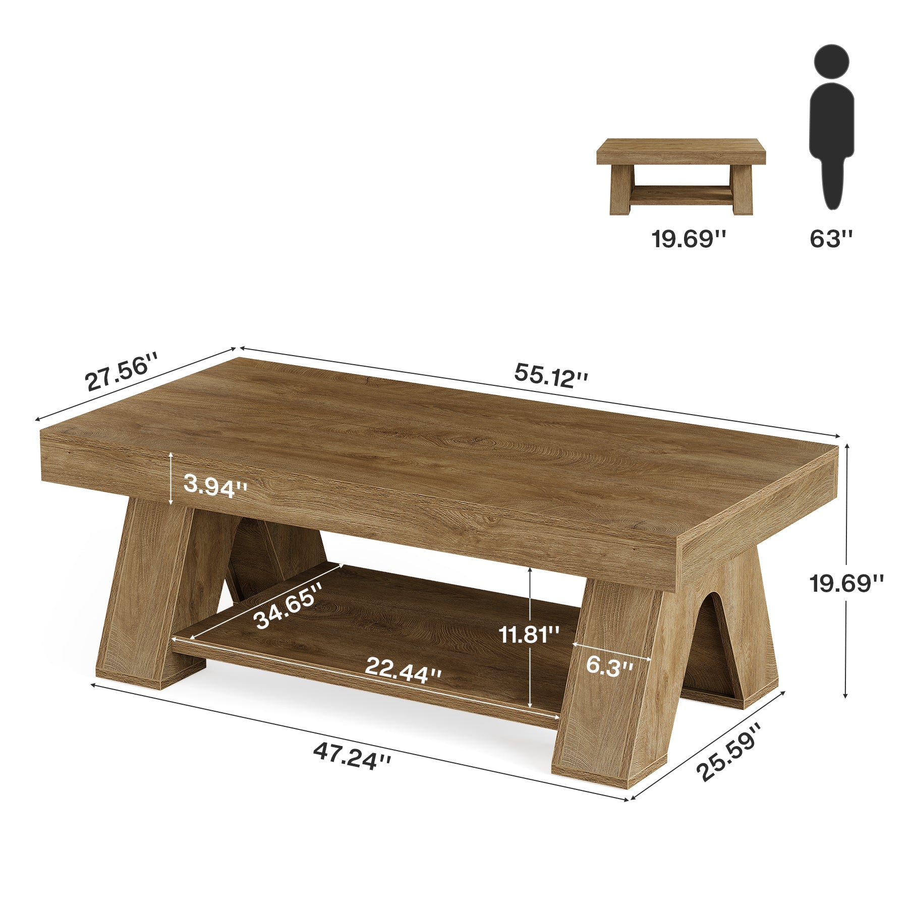 Tribesigns 55.1-Inch Farmhouse Coffee Table with Storage Shelf, Large Rectangle Center Table for Living Room