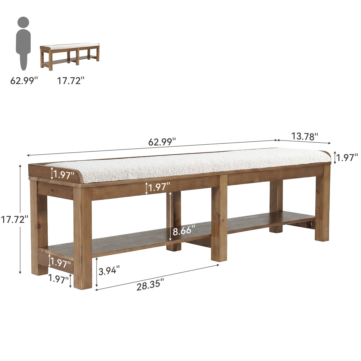 63" Solid Wood Entryway Shoe Bench, 2-Tier Upholstered End of Bed Bench with Cushion