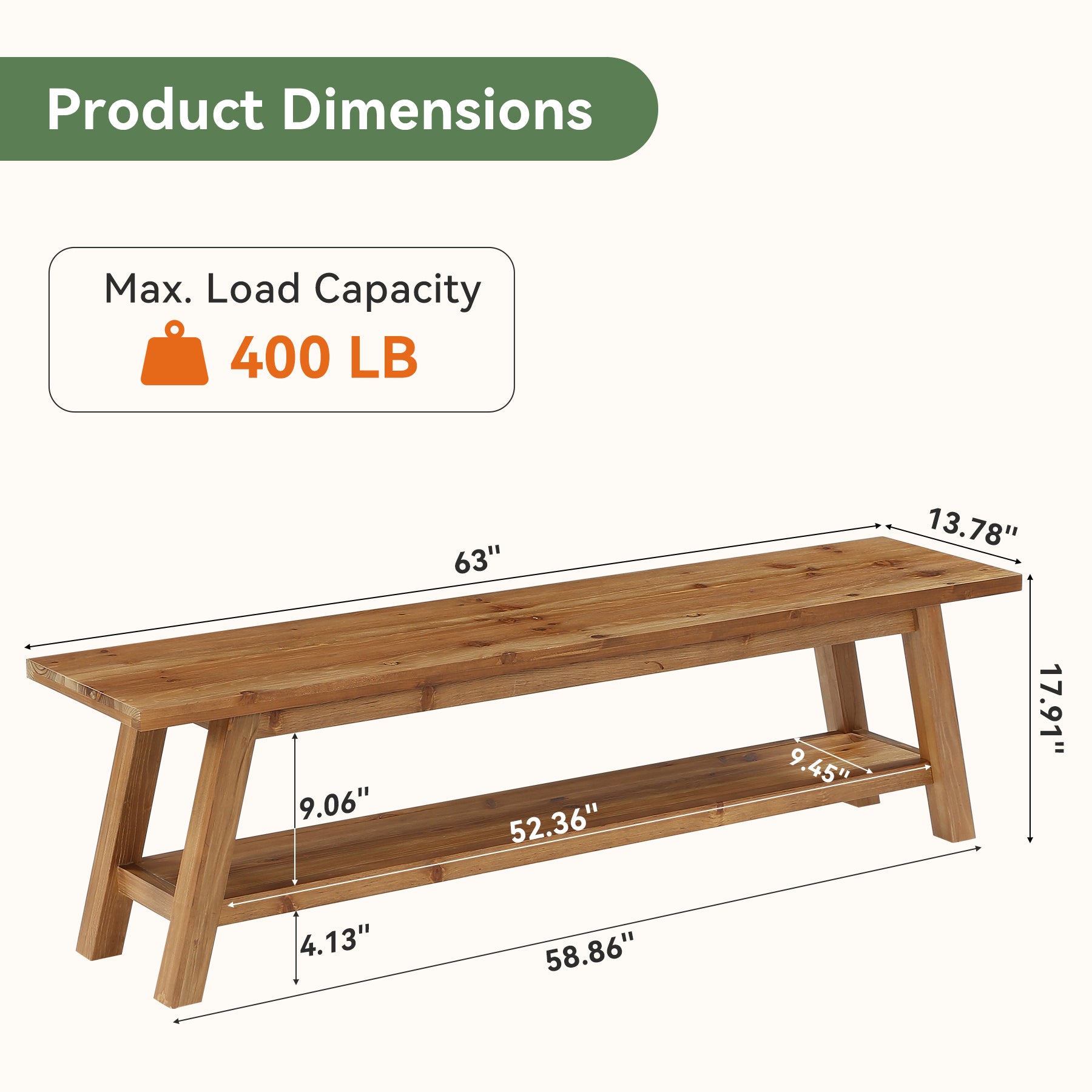 63" Wood Dining Room Bench, Farmhouse Kitchen Bench Seating with Storage Shelf