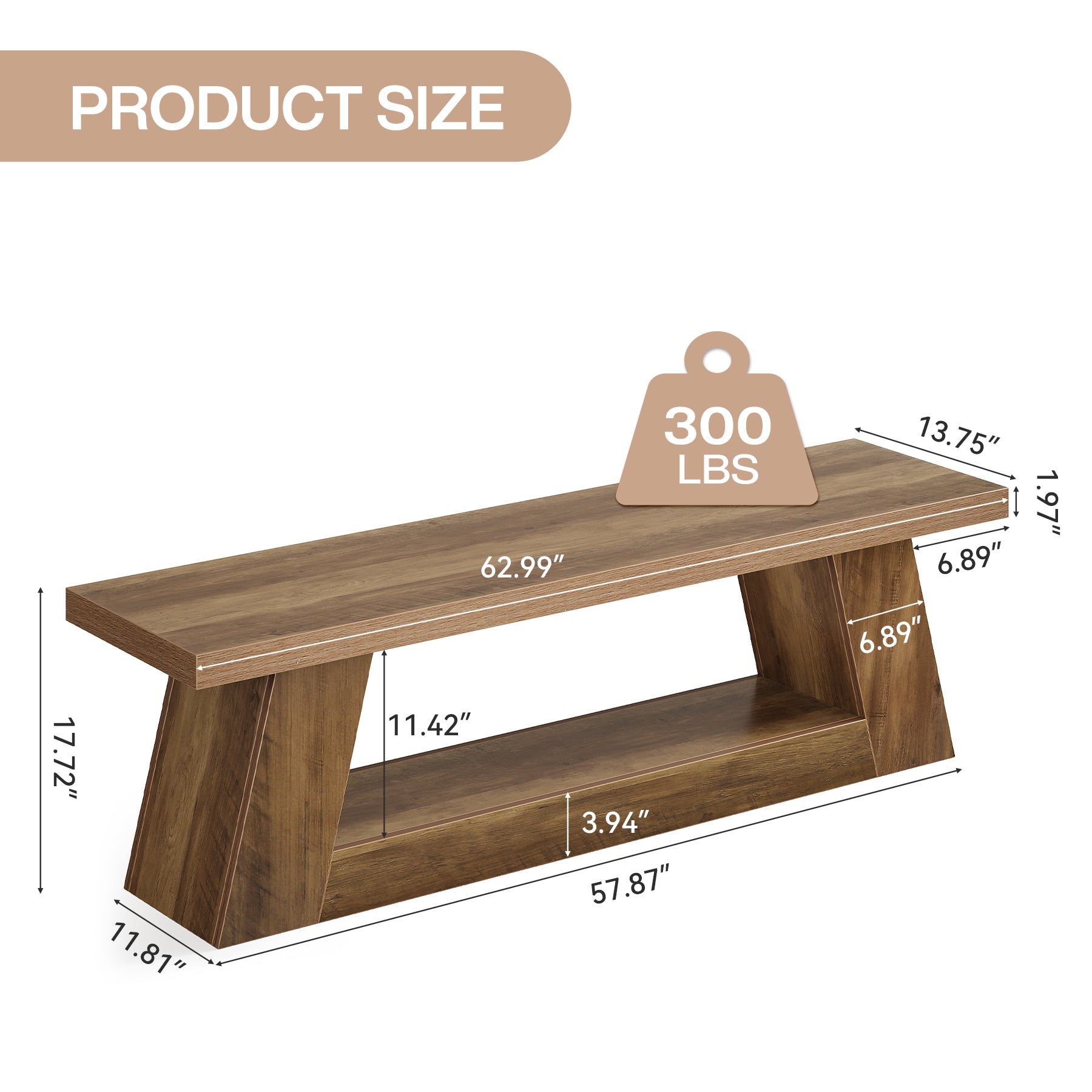 63" Entryway Bench with Storage Shelf, 2-Tier End of Bed Bench