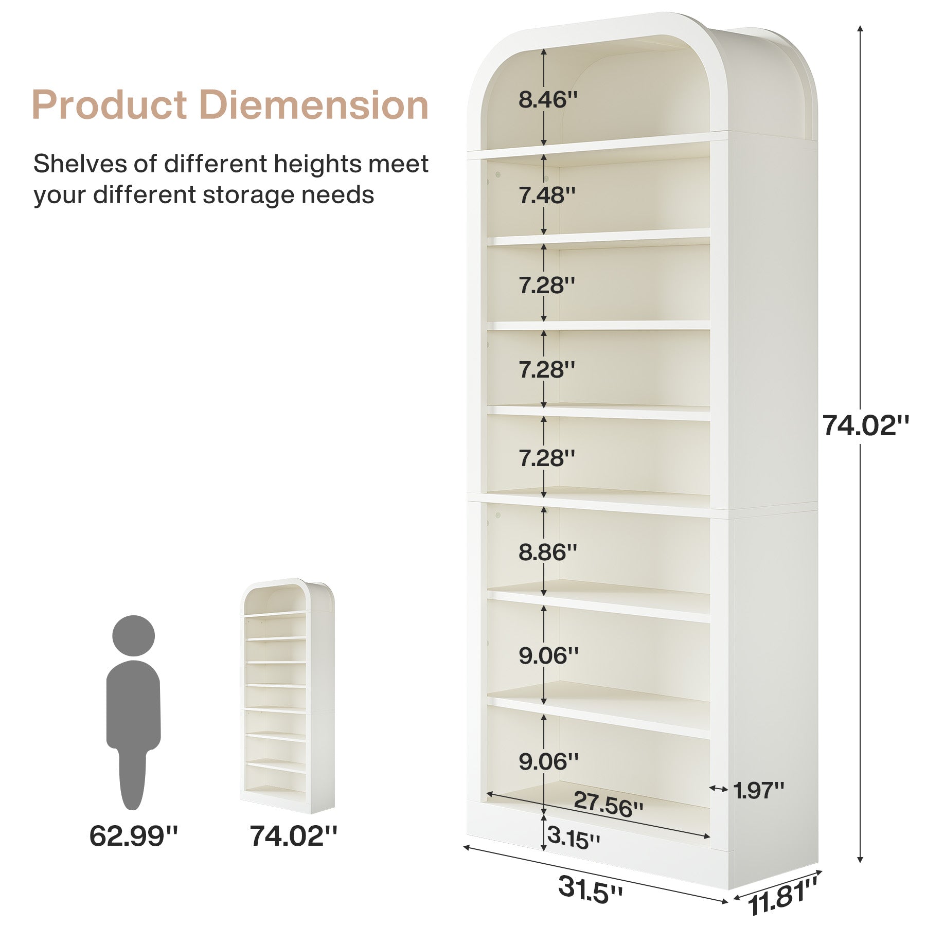 8-Tier Arched Bookshelf, 74” Tall Bookcase Open Display Shelf for Home Office