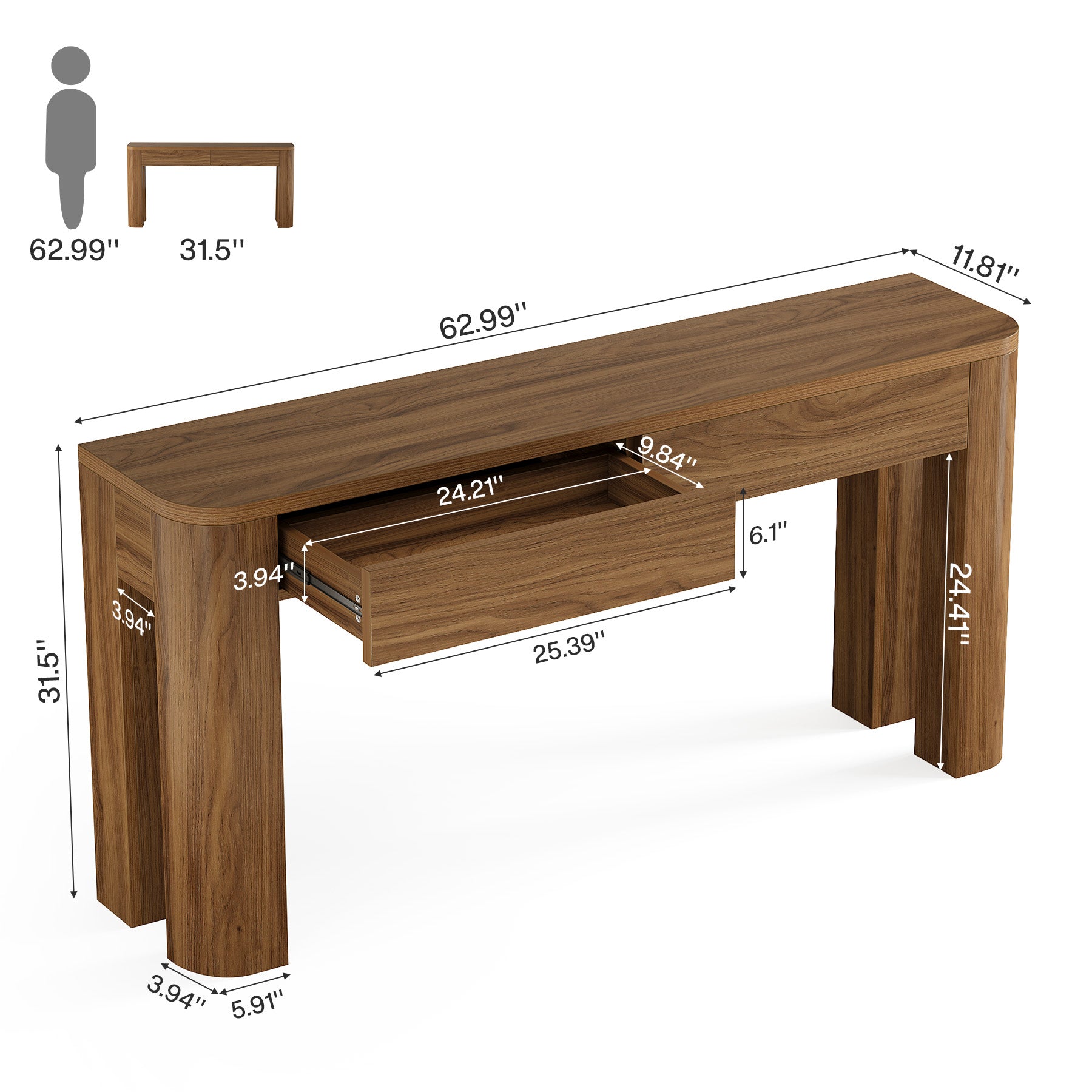 63" Console Table with Drawers, Narrow Entryway & Sofa Table with Storage for Behind Couch
