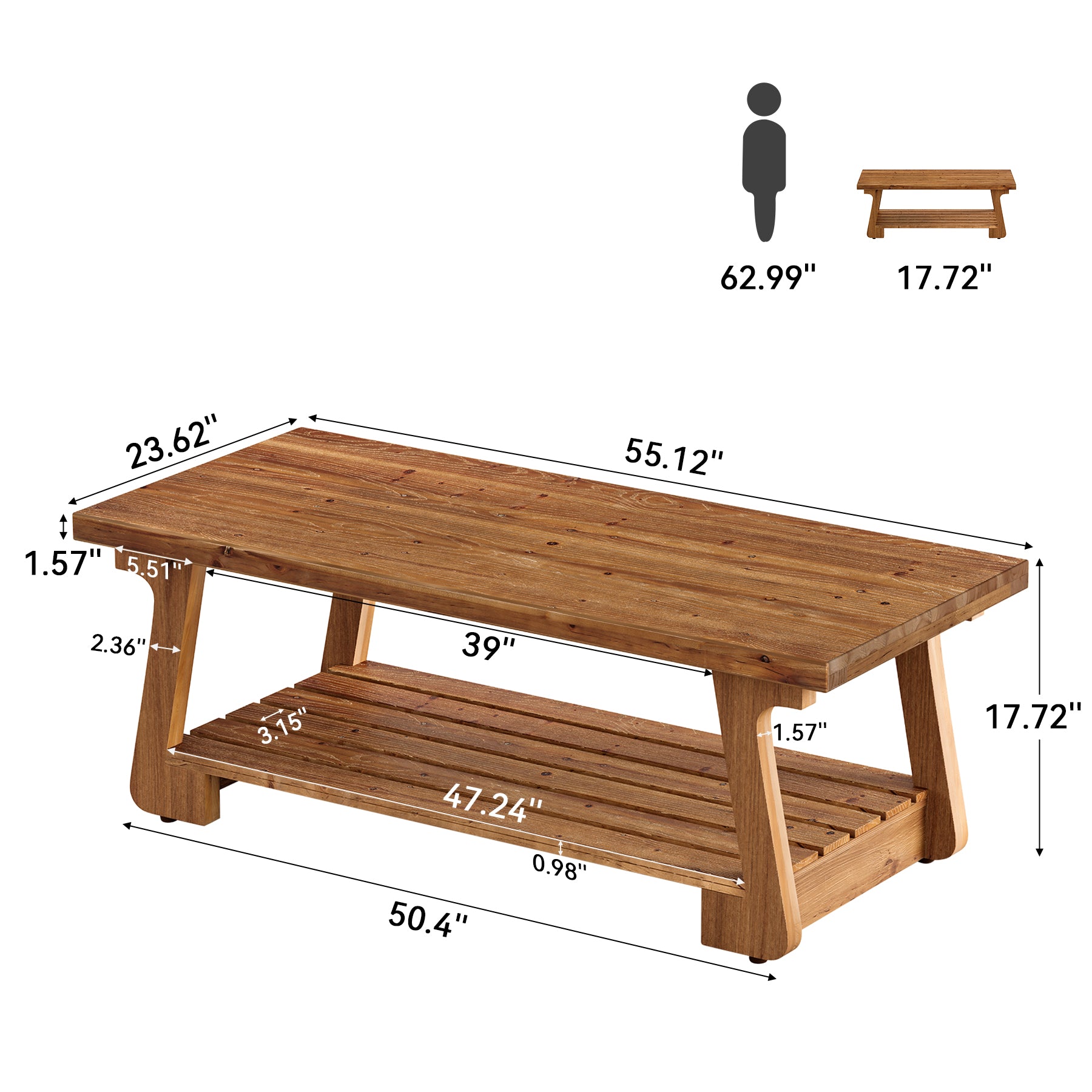 55" Solid Wood Coffee Table, 2-Tier Center Tea Table with Storage Shelf for Living Room