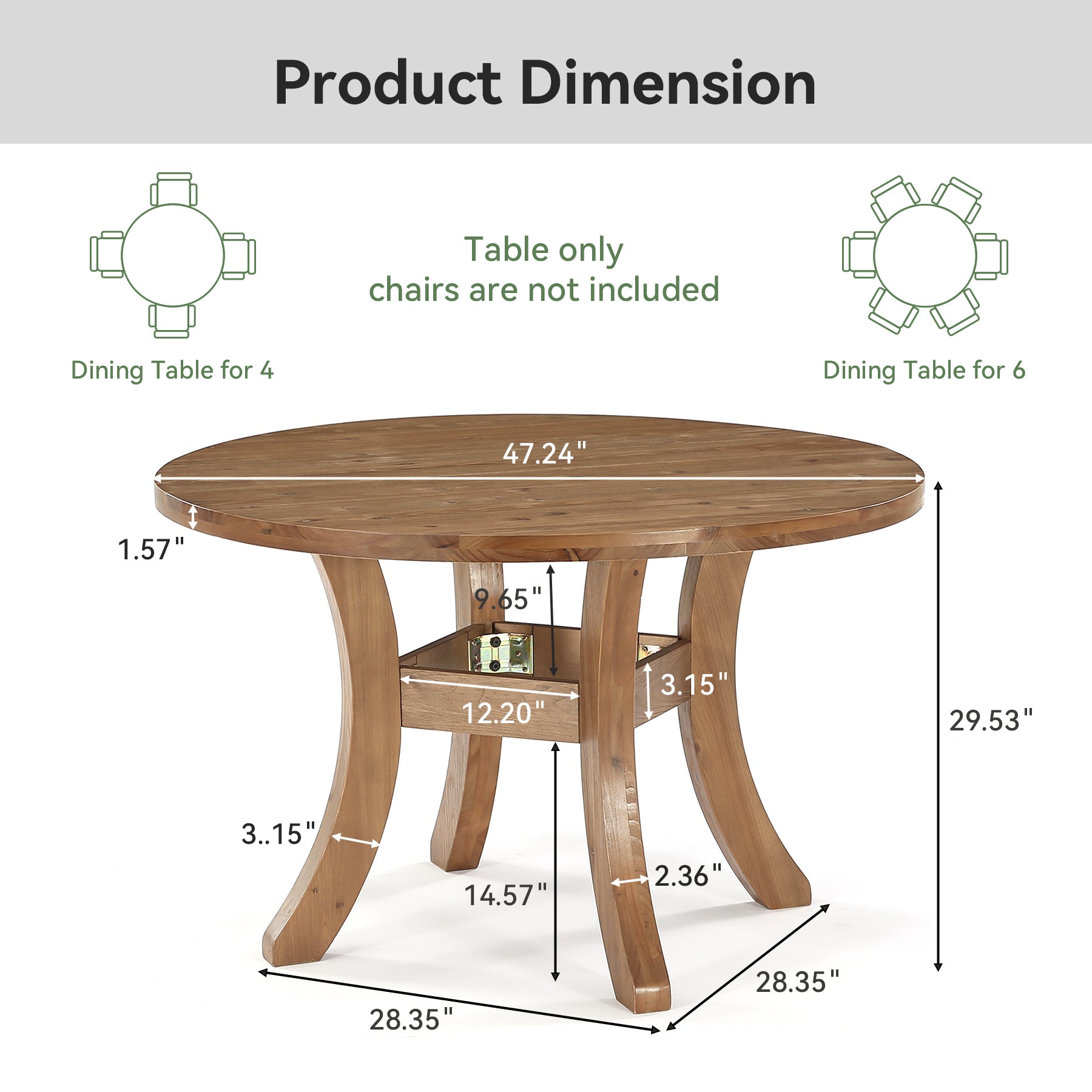 Solid Wood Round Dining Table, 47" Kitchen Table with Unique Curved Legs