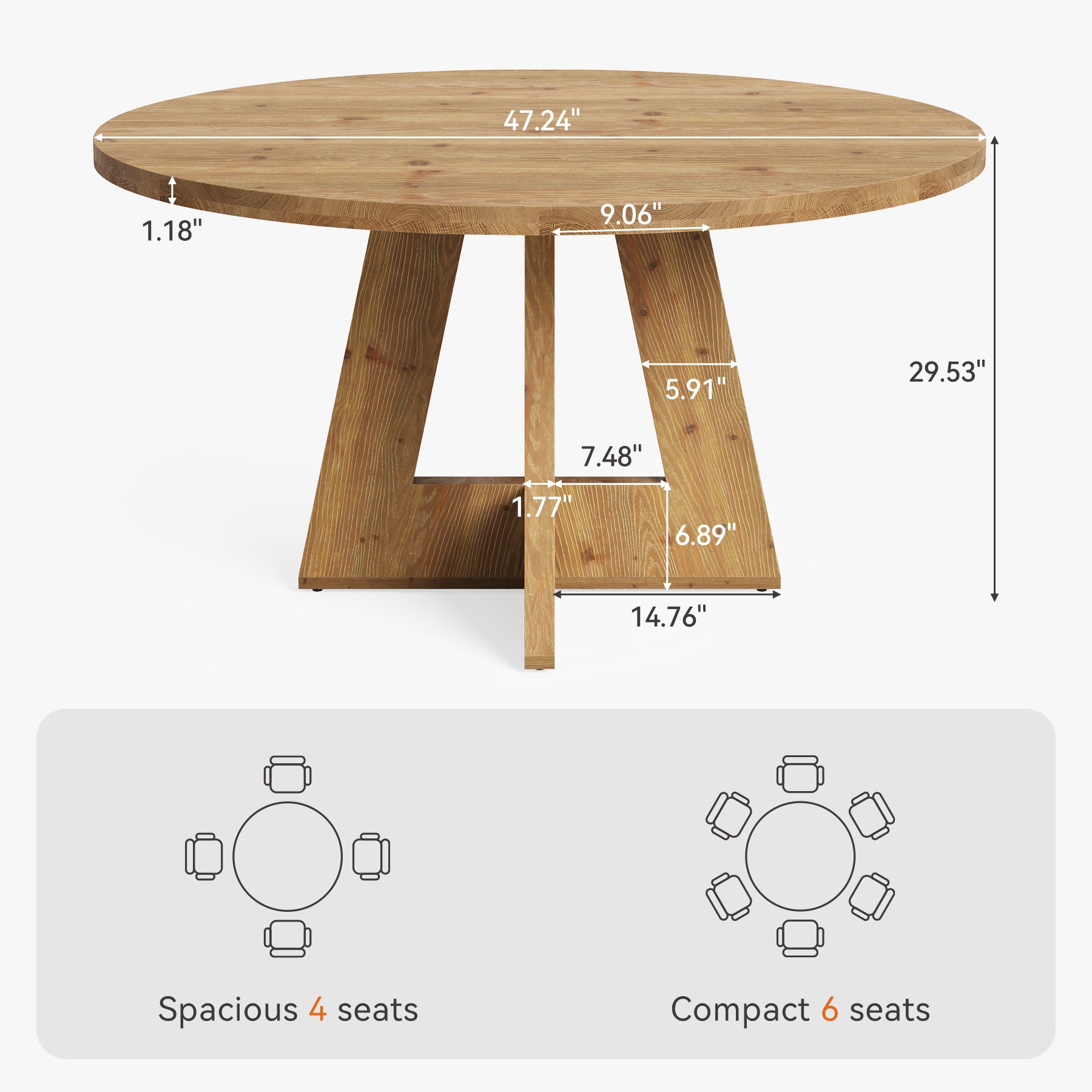 Solid Wood Round Dining Table, 47" Farmhouse Kitchen Table for 4-6