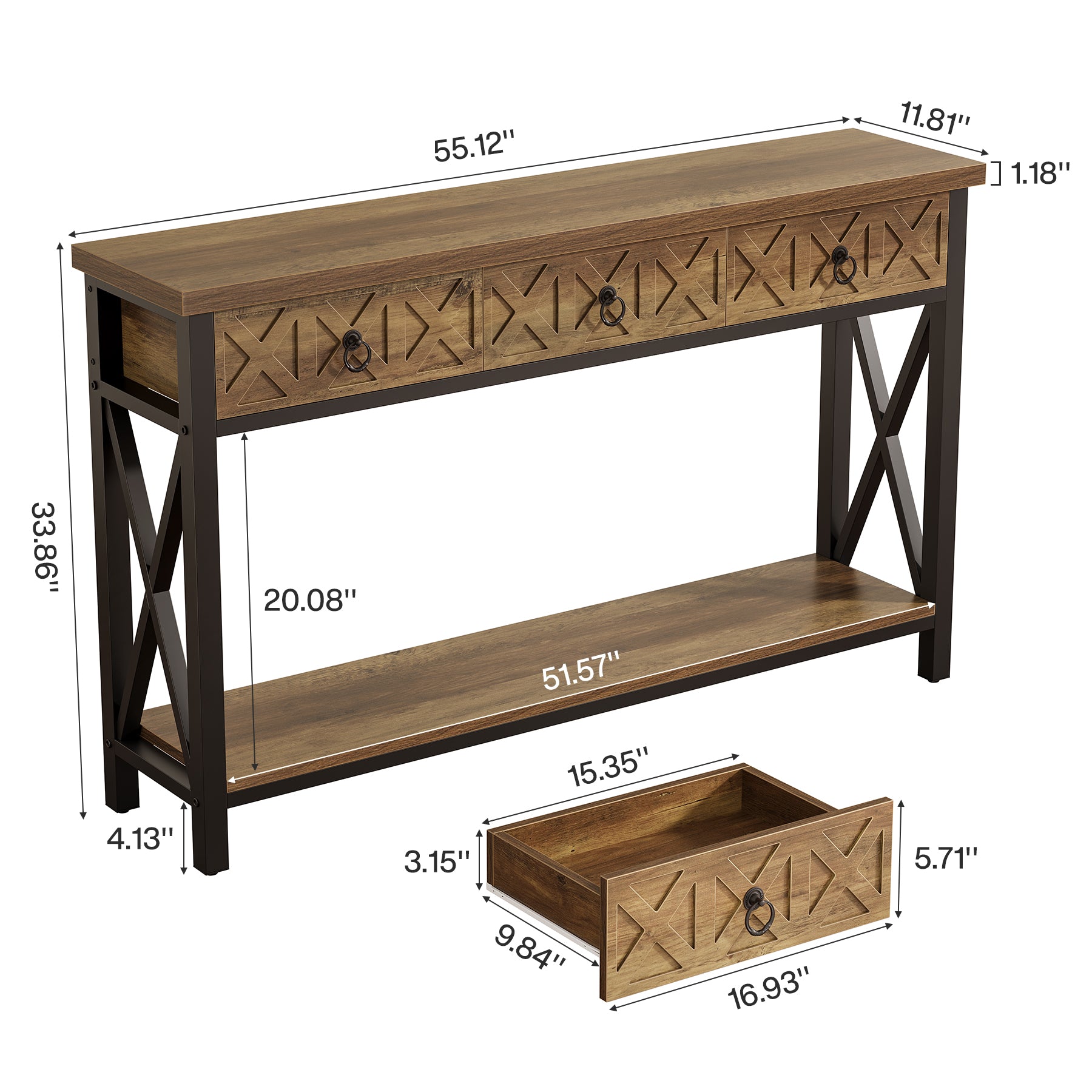 Console Table with 3 Drawers, 55" Entryway Table with 2-Tier Shelf