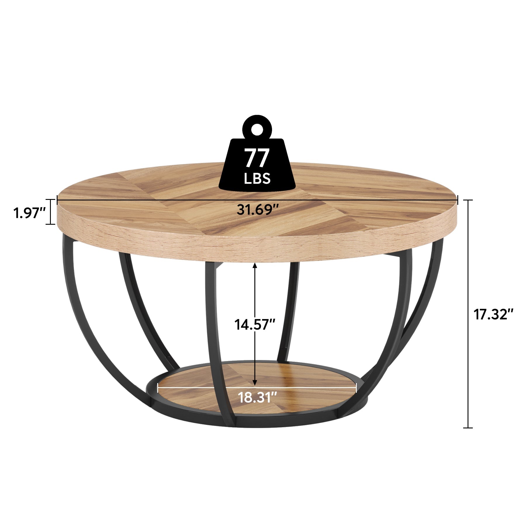 Wooden Coffee Table, 2 - Tier Round Central Cocktail Table with Shelves Tribesigns