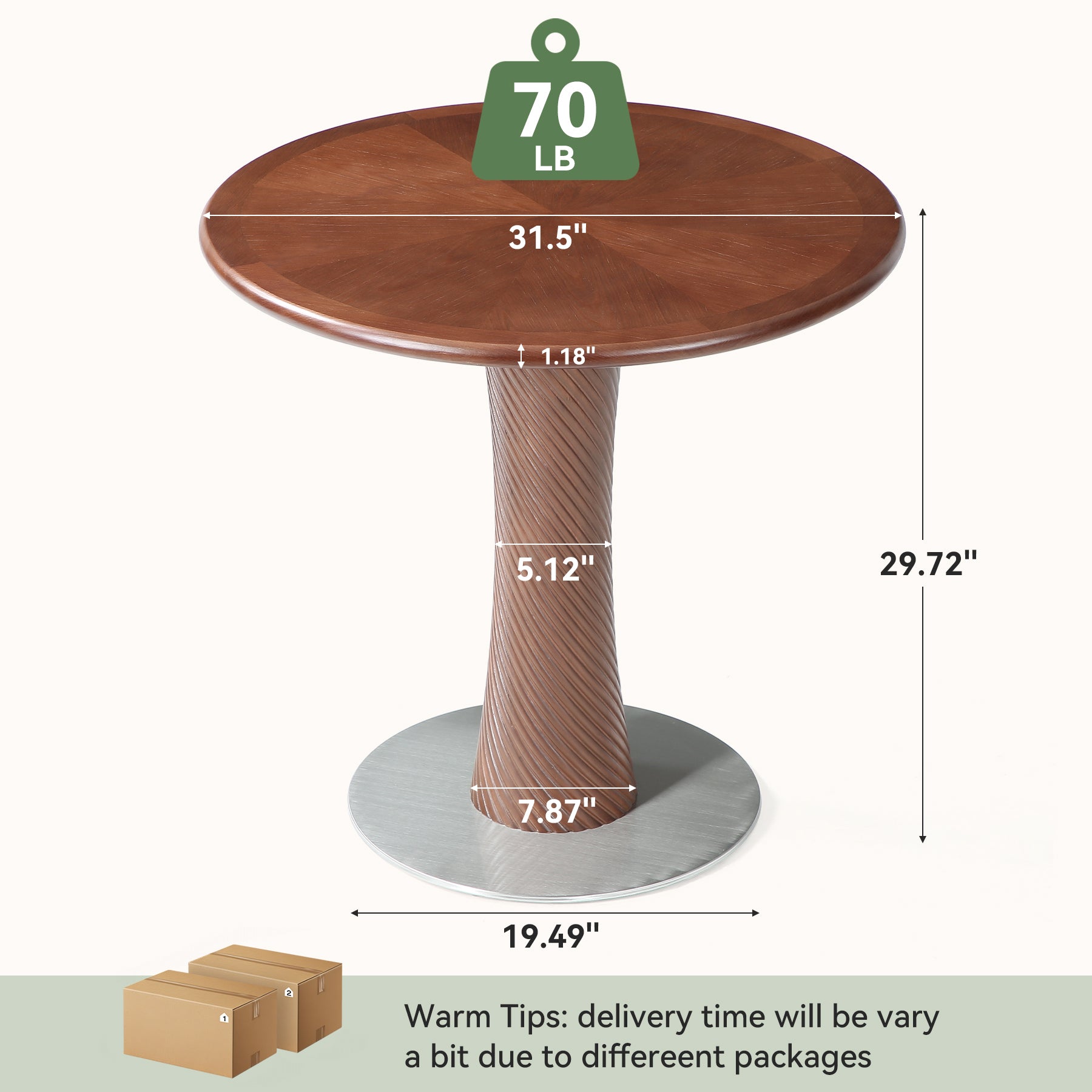 31.5” Round Dining Table, Solid Wood Kitchen Table with Hourglass Pedestal for 2