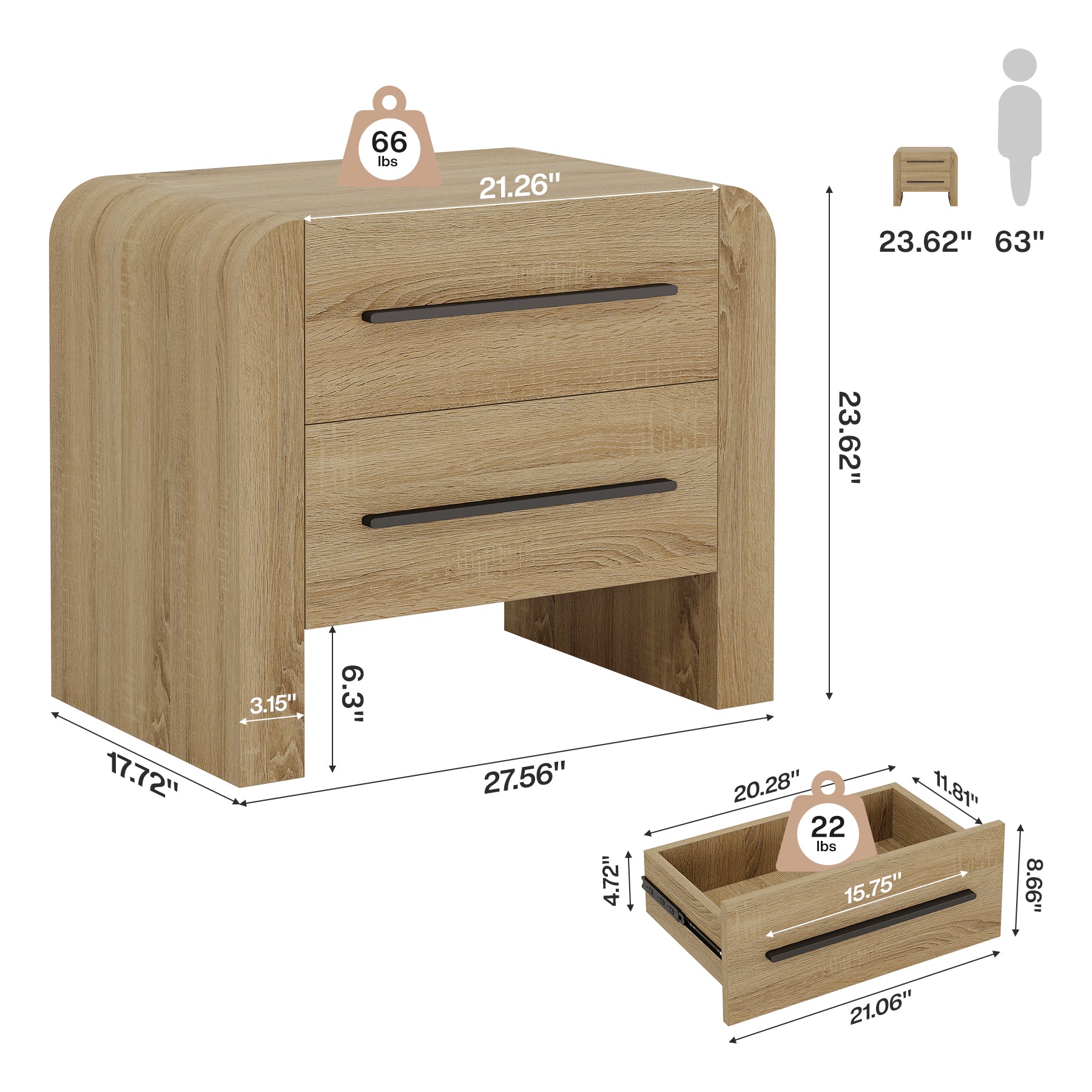 27.55" Nightstand with 2 Drawers, Modern Curved Bedside Table with Storage