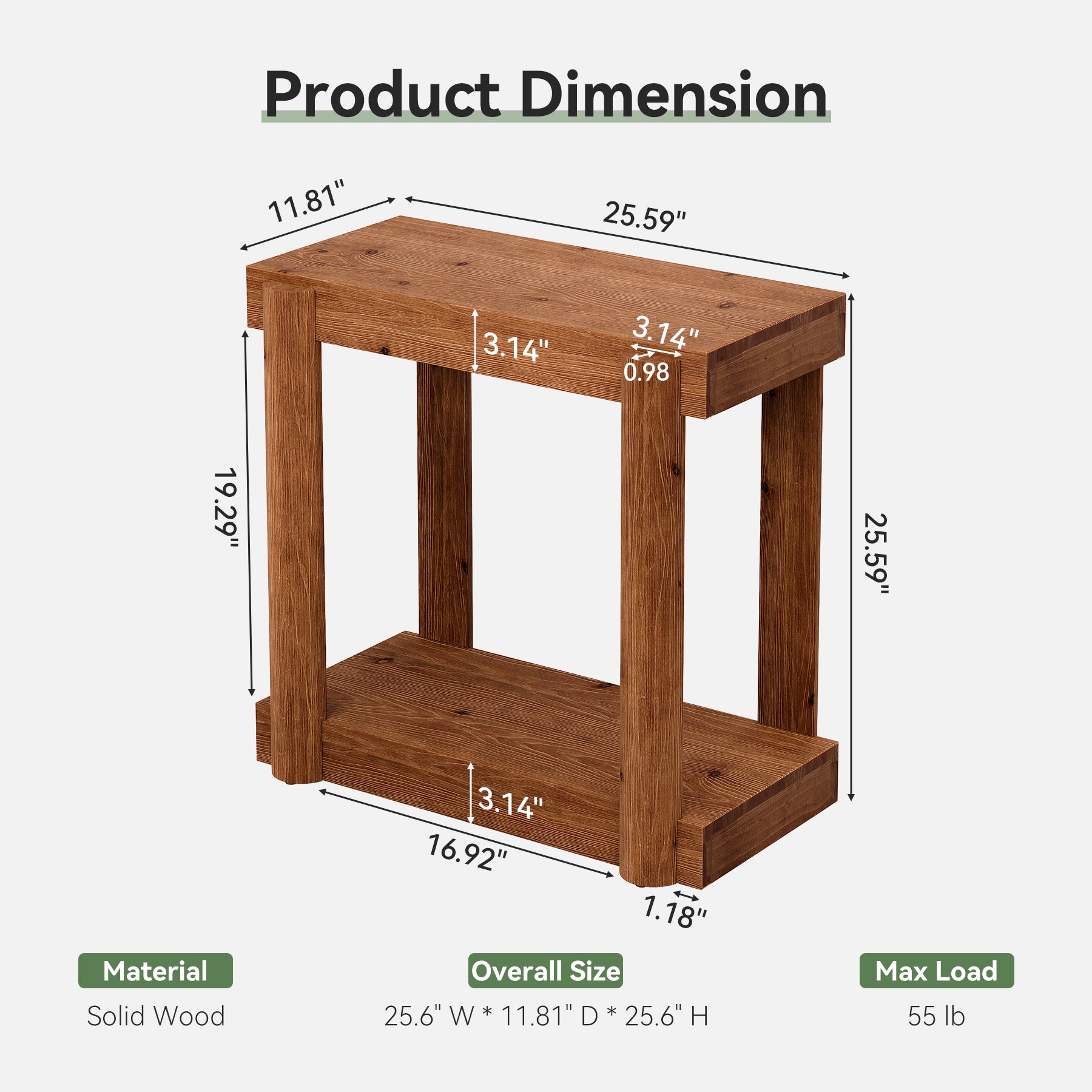Solid Wood Modern Farmhouse End Table, 2-Tier Storage Shelf Side Table for Small Spaces