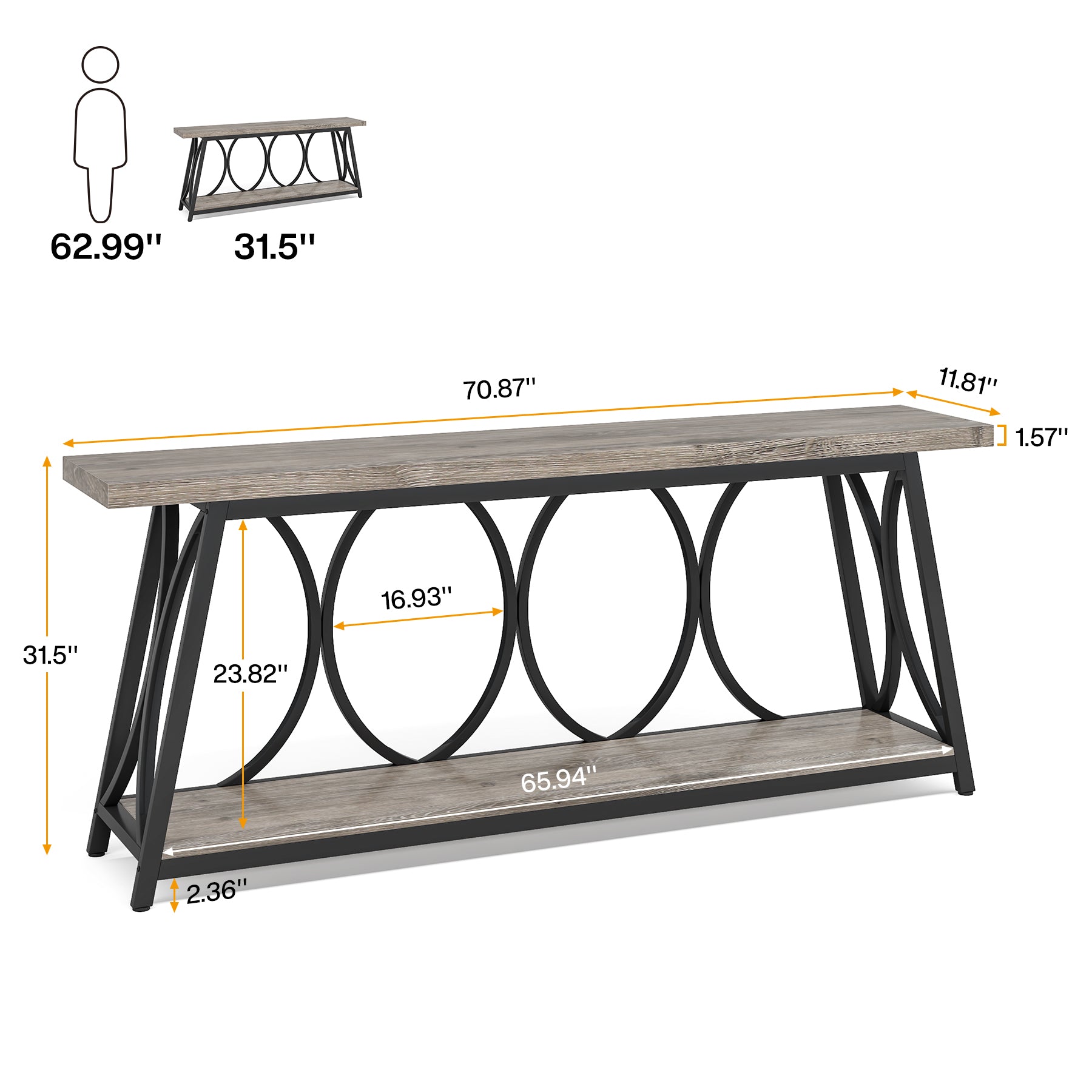 70.9" 2-Tier Industrial Console Table, Sofa Table with Shelves for Living Room or Entryway