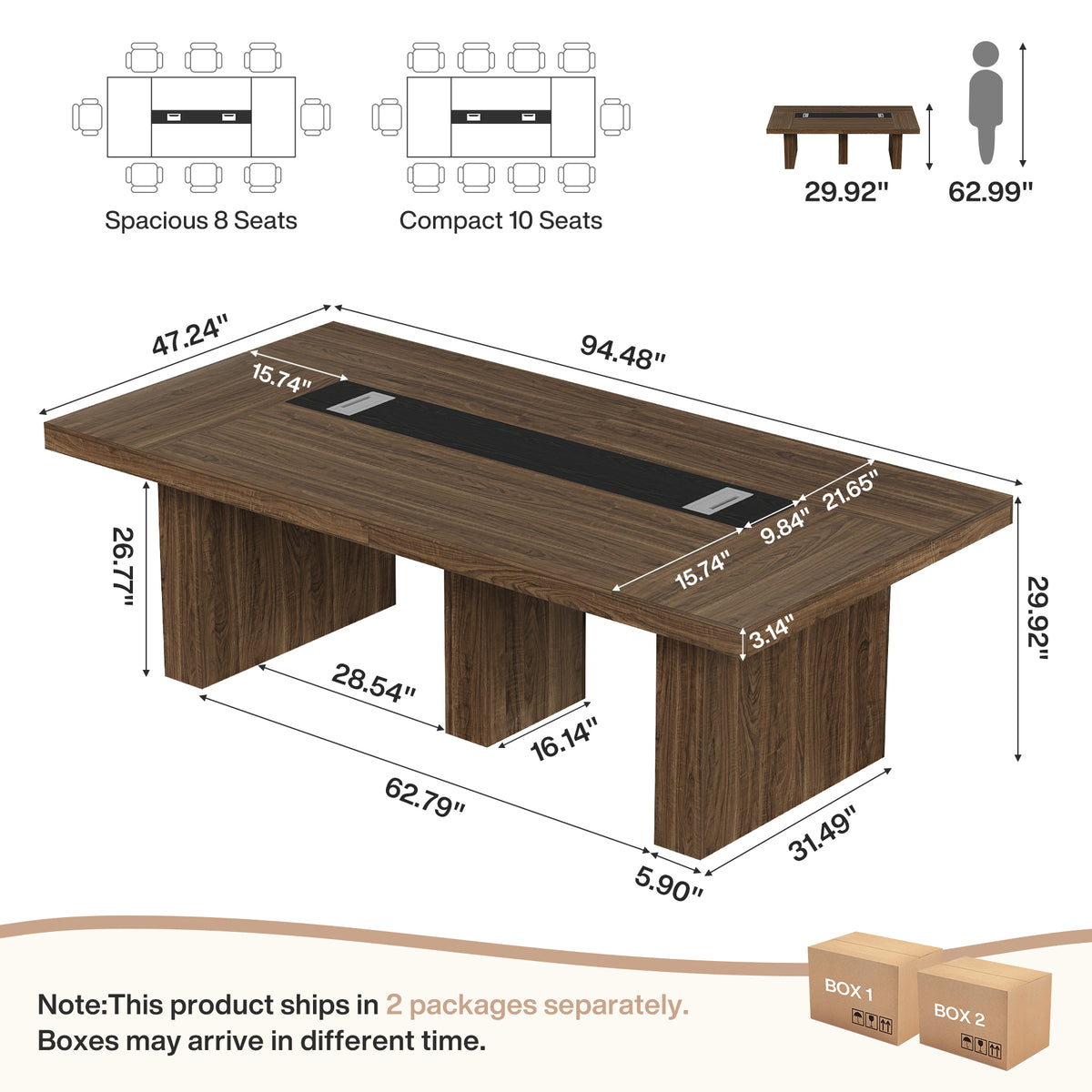 8ft Conference Table, 94.5" Meeting Office Table with Cable Grommet for 10 People