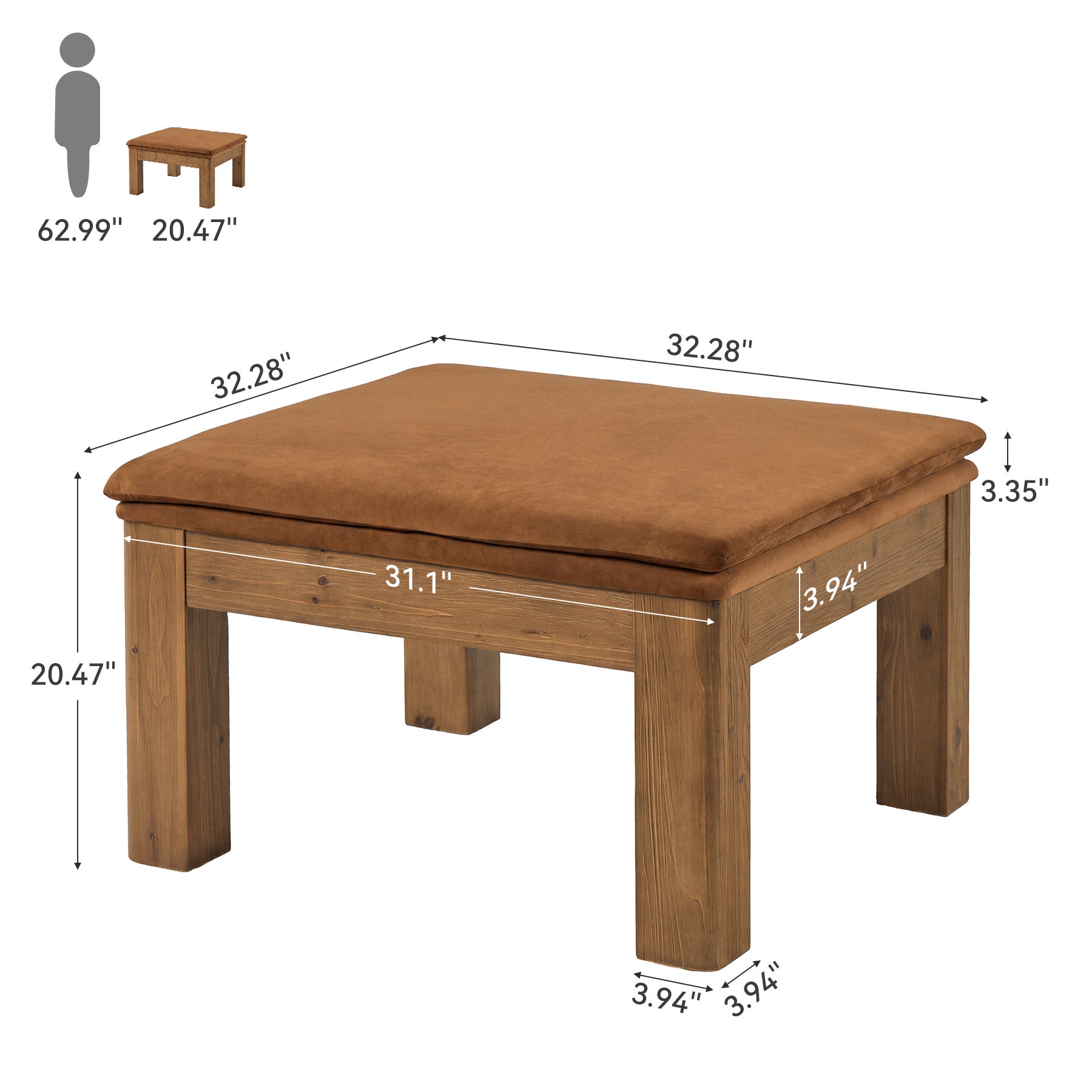 32.28" Square Coffee Table with Solid Wood Frame & Removable Velvet Cushion
