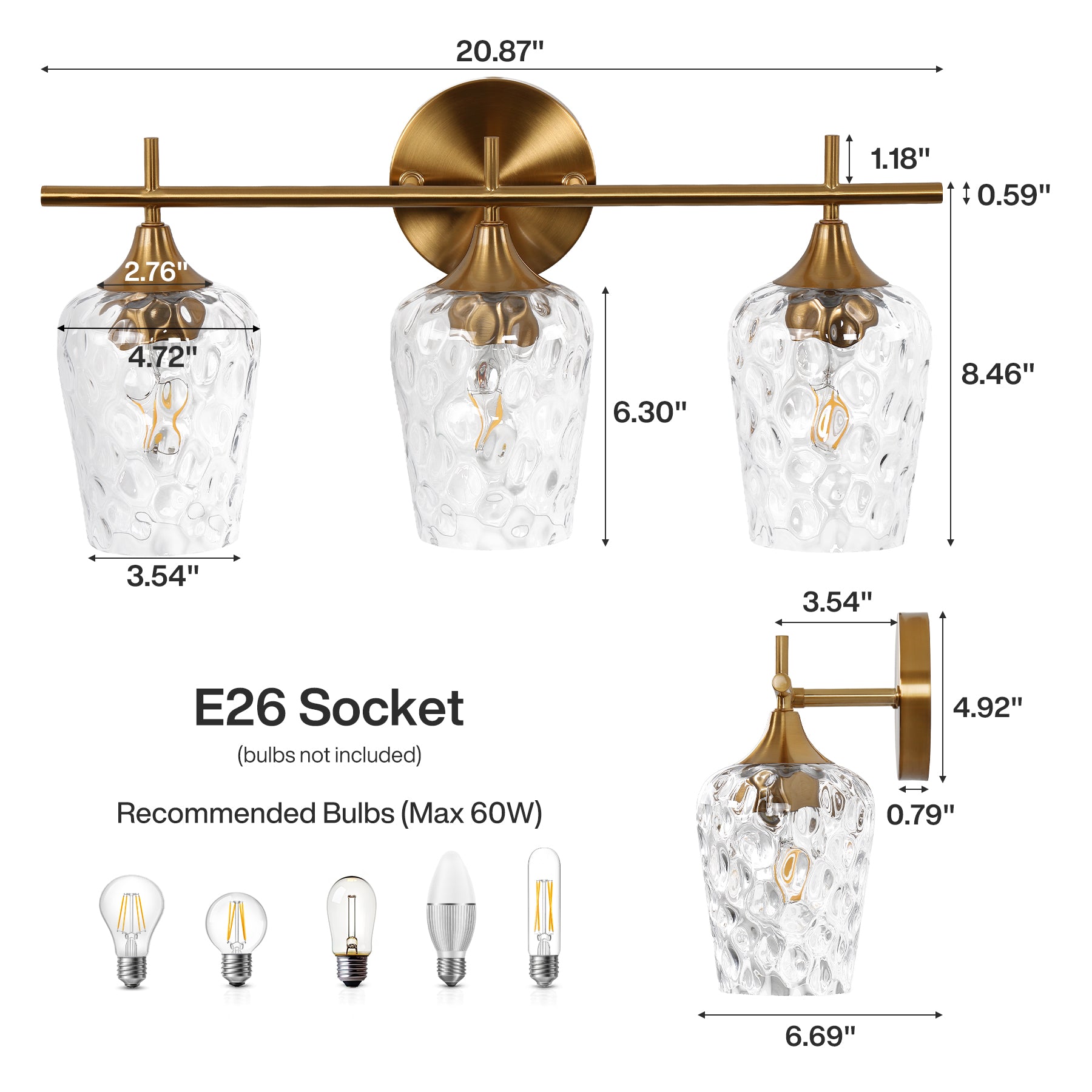 3-Light Bathroom Vanity Light, Modern Wall Sconce with Water Ripple Clear Glass Shades