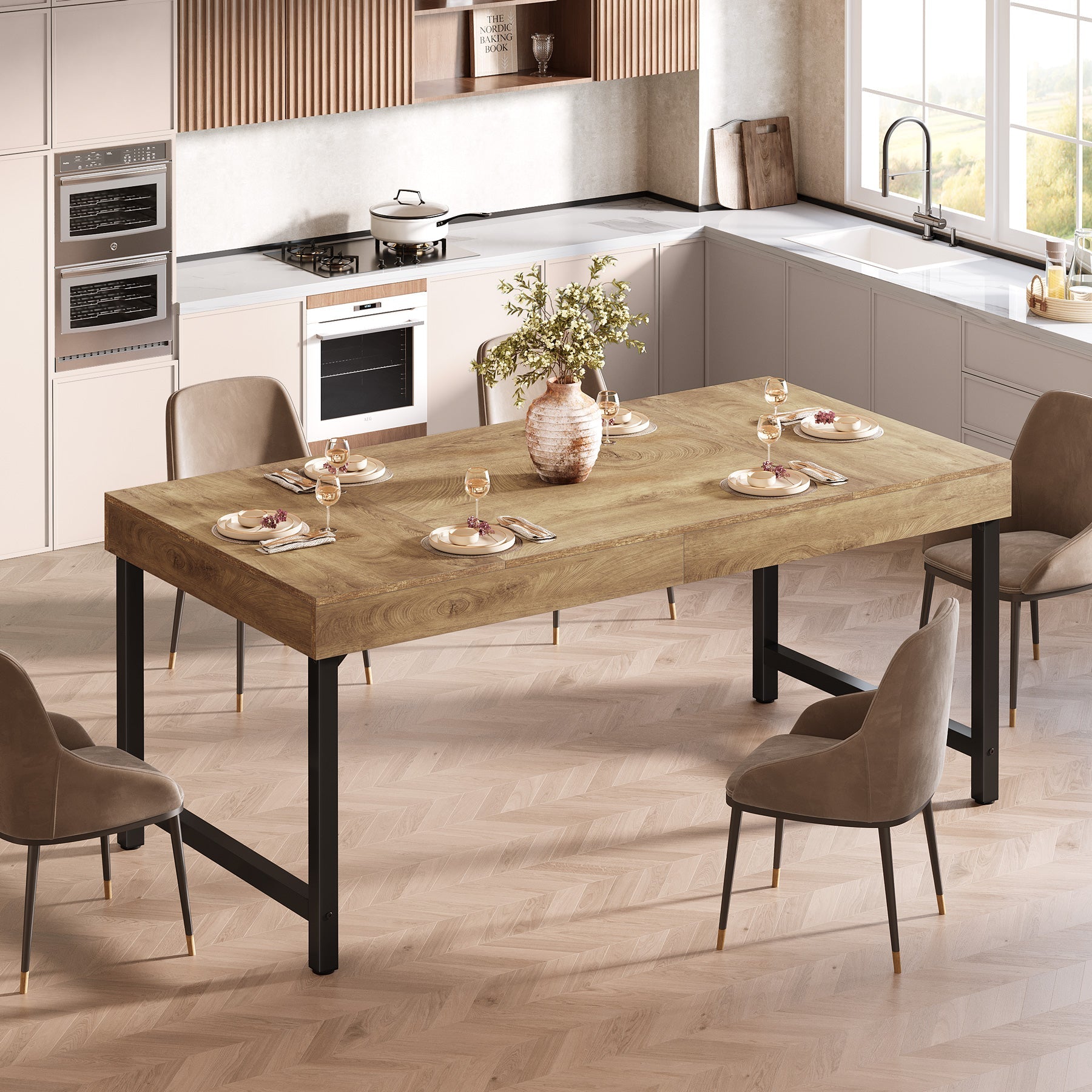 Farmhouse Dining Table, 55" Rectangular Kitchen Dinner Table for 4 - 6 People Tribesigns