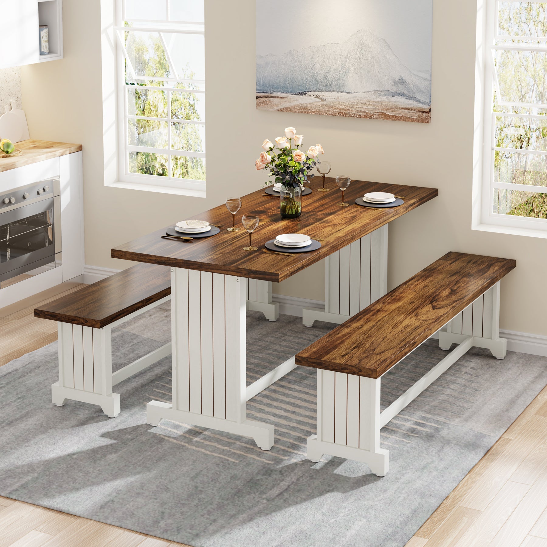 Farmhouse Dining Table Set, 47" Kitchen Table with 2 Benches Tribesigns