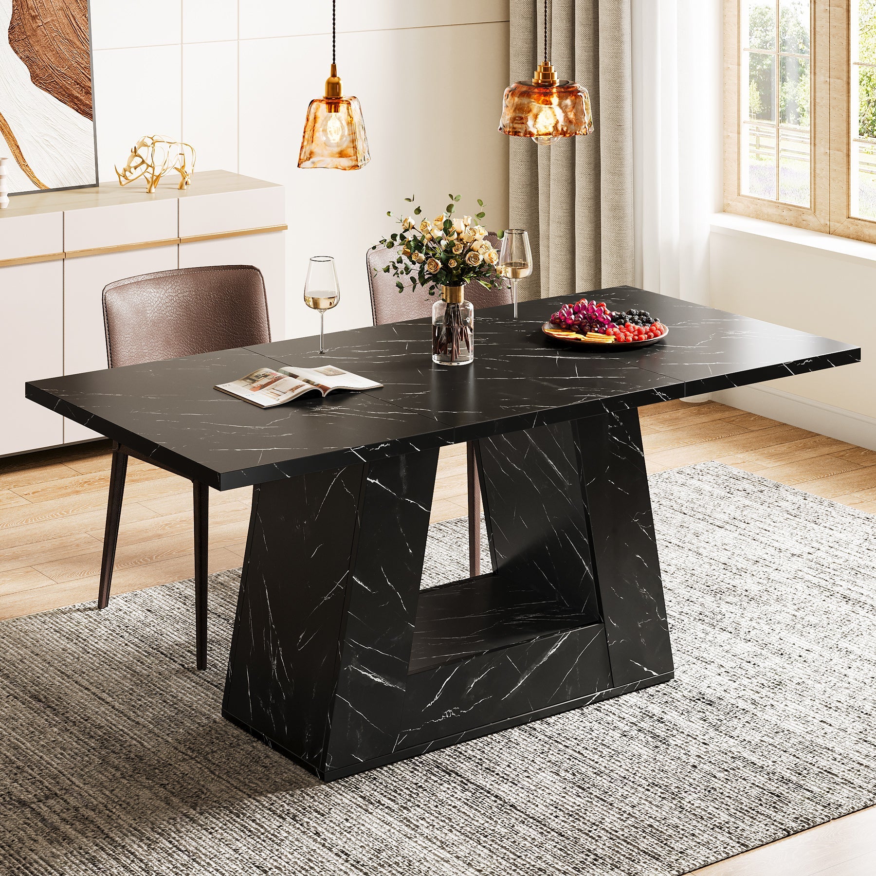 Faux Marble Dining Table, 63" Kitchen Table for 4 to 6 People Tribesigns