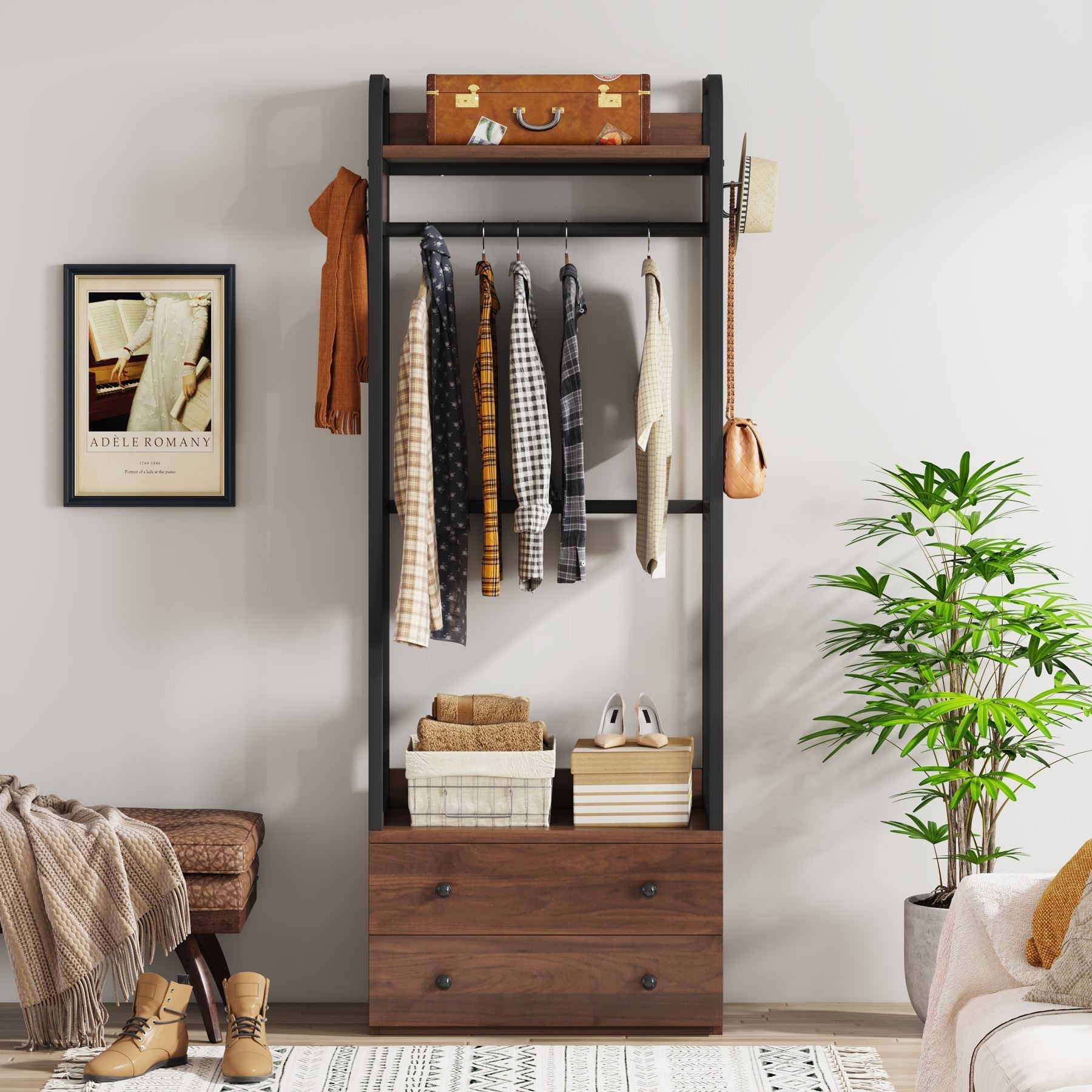 Full-frontal shot of Tribesigns's Freestanding Closet Organizer, Coat Rack with Drawers and Shelves.