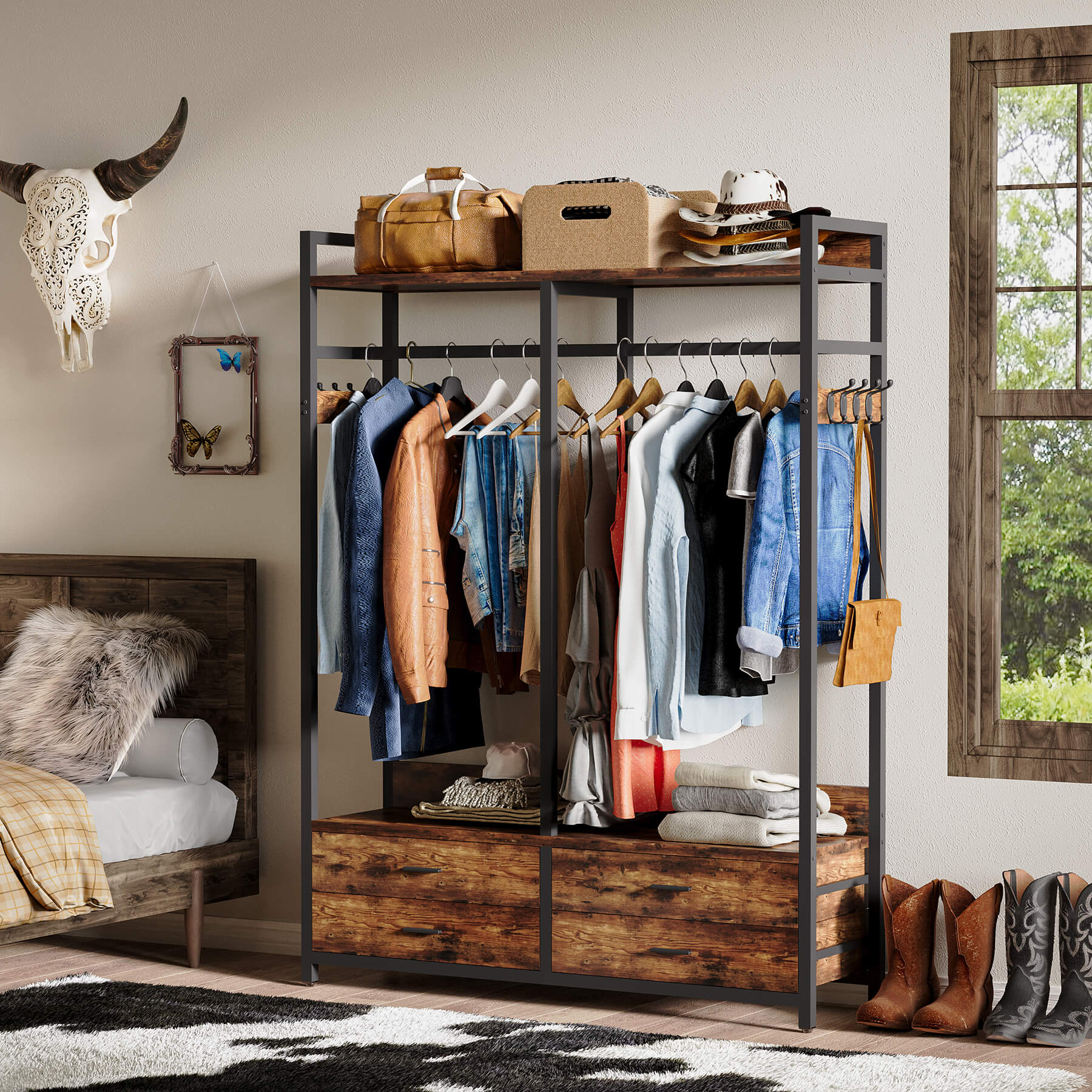Standing Closets, Clothes Rack with Drawers Shelves-Tribesigns