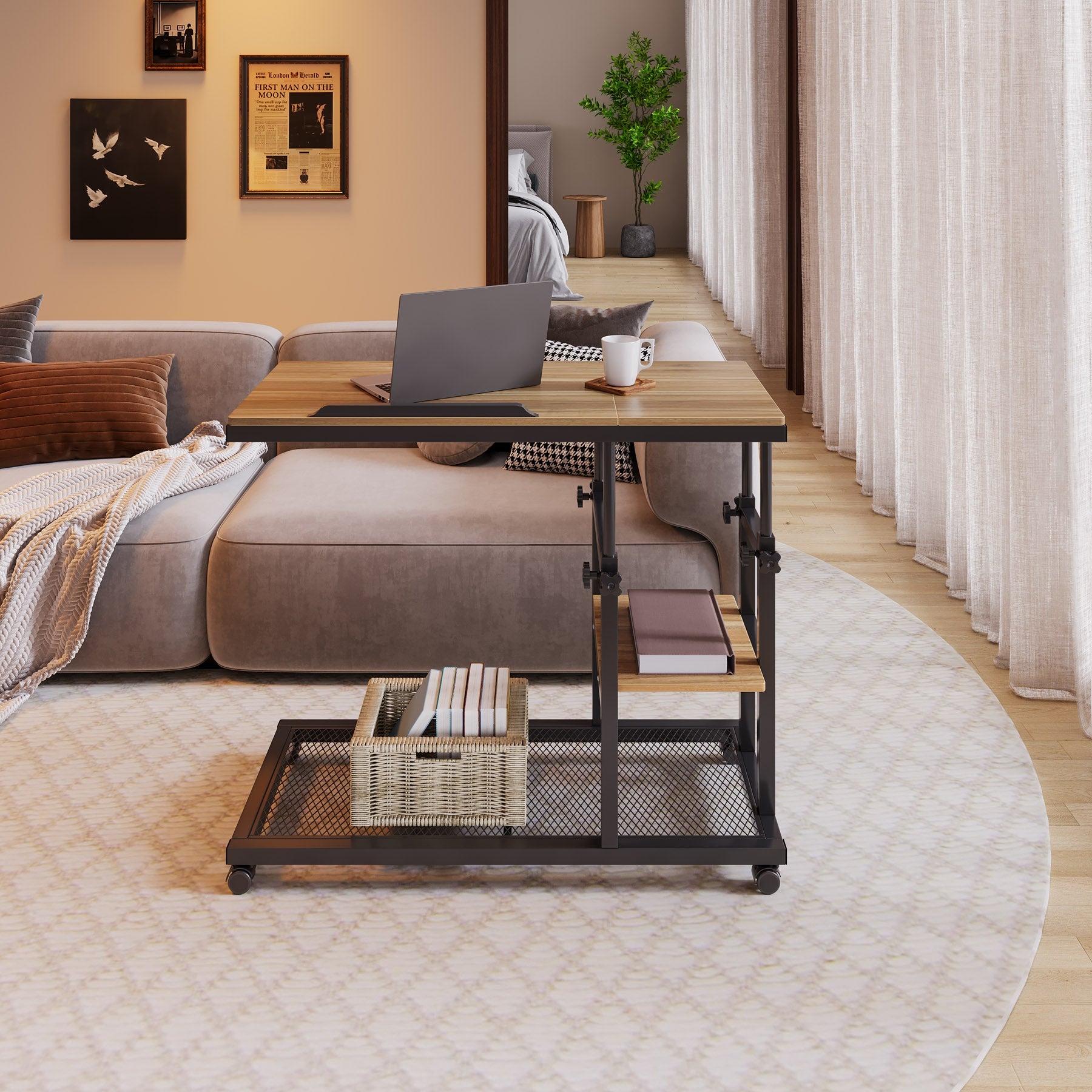 Height Adjustable C Table, Mobile Side Table with Tiltable Drawing Board Tribesigns