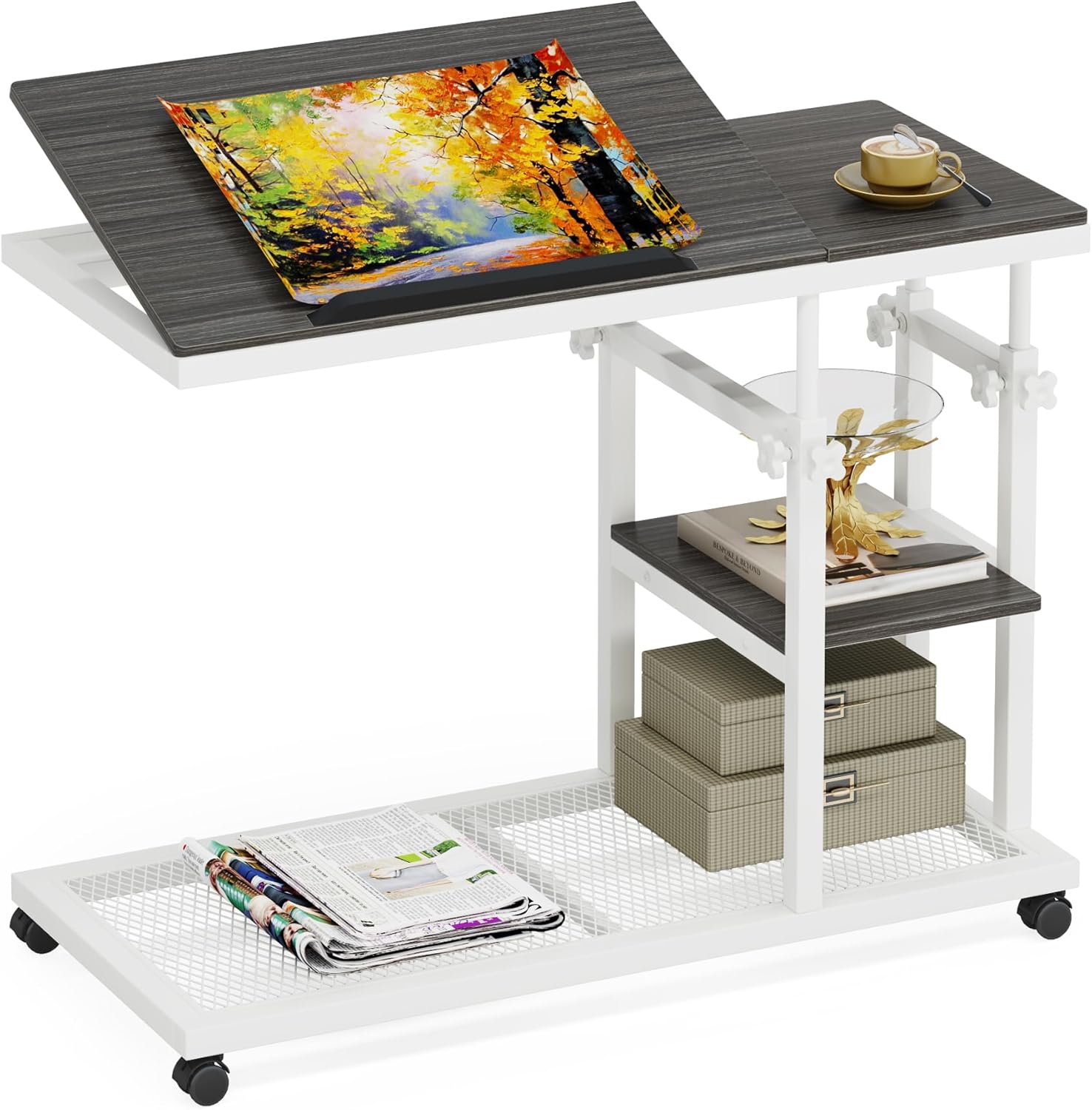 Height Adjustable C Table, Mobile Side Table with Tiltable Drawing Board Tribesigns