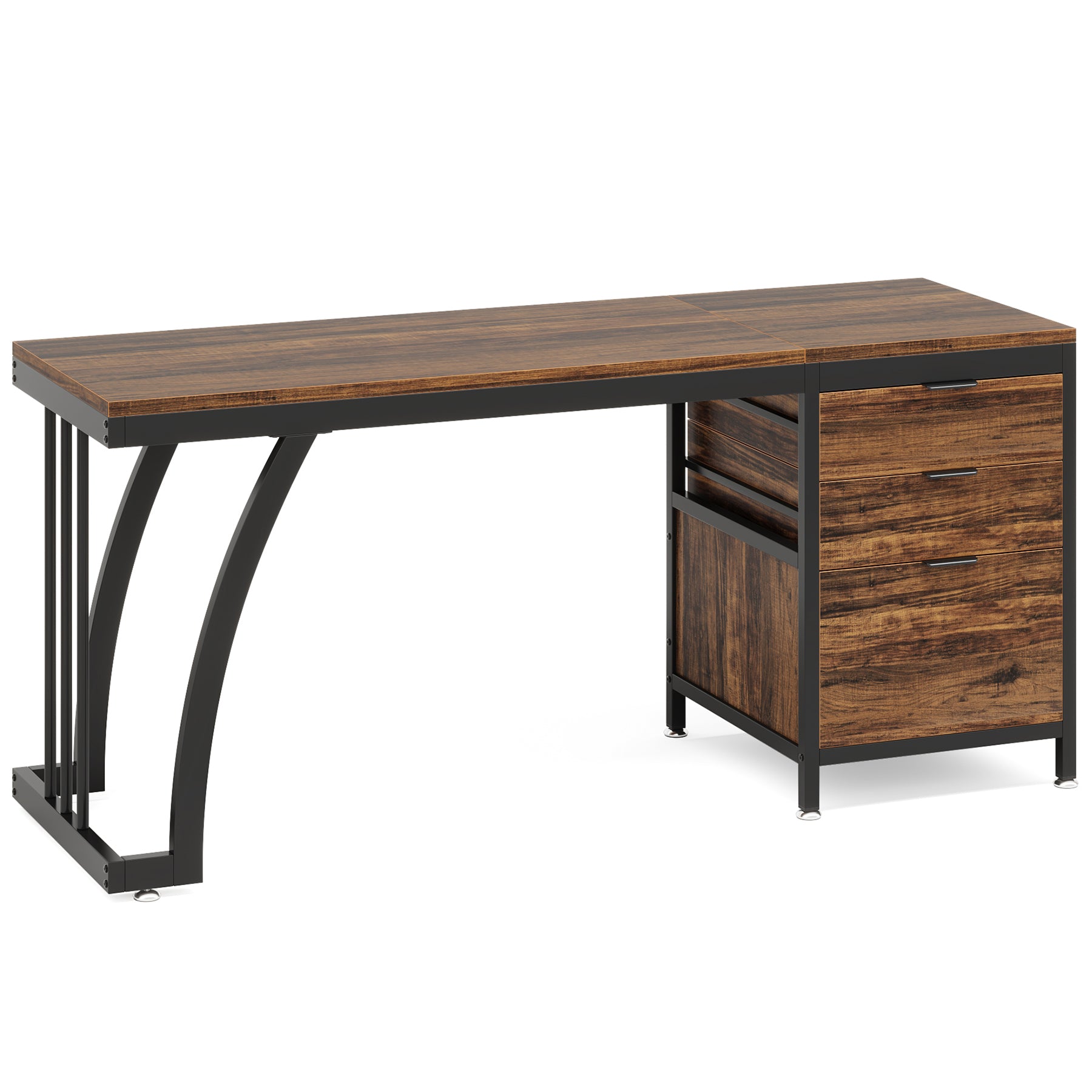 Industrial Computer Desk, 59" Study Desk with Reversible Drawer Cabinet