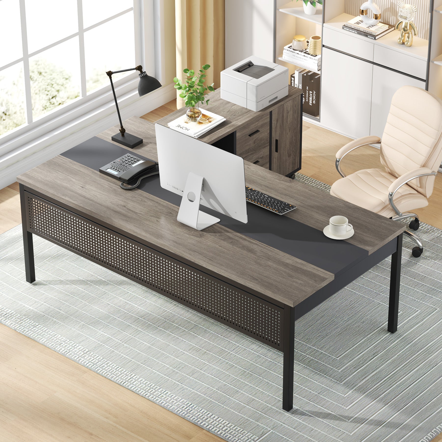 Industrial L - Shaped Desk, 71" Executive Desk with 47" Mobile File Cabinet Tribesigns