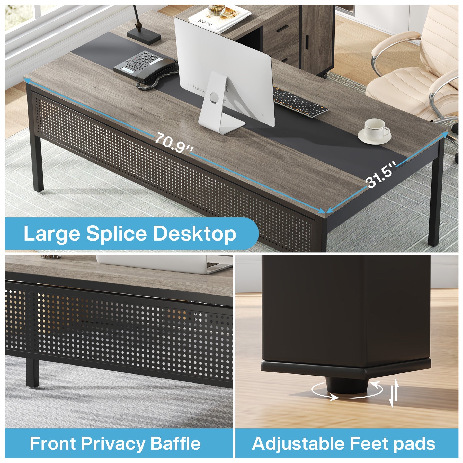 Industrial L - Shaped Desk, 71" Executive Desk with 47" Mobile File Cabinet Tribesigns