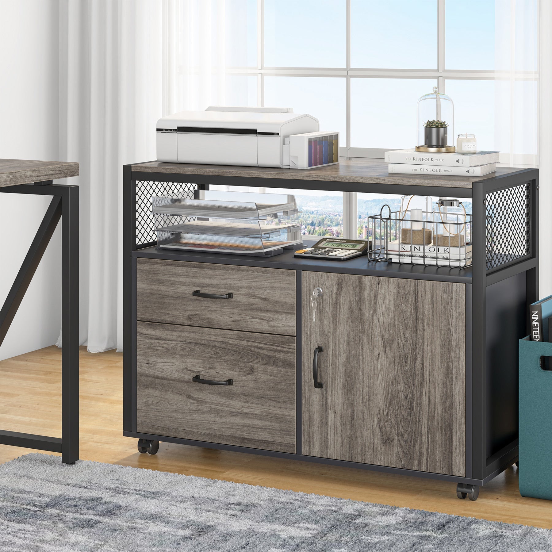 Tribesigns's industrial-style printer stand has dark wood shelves and a black steel frame.