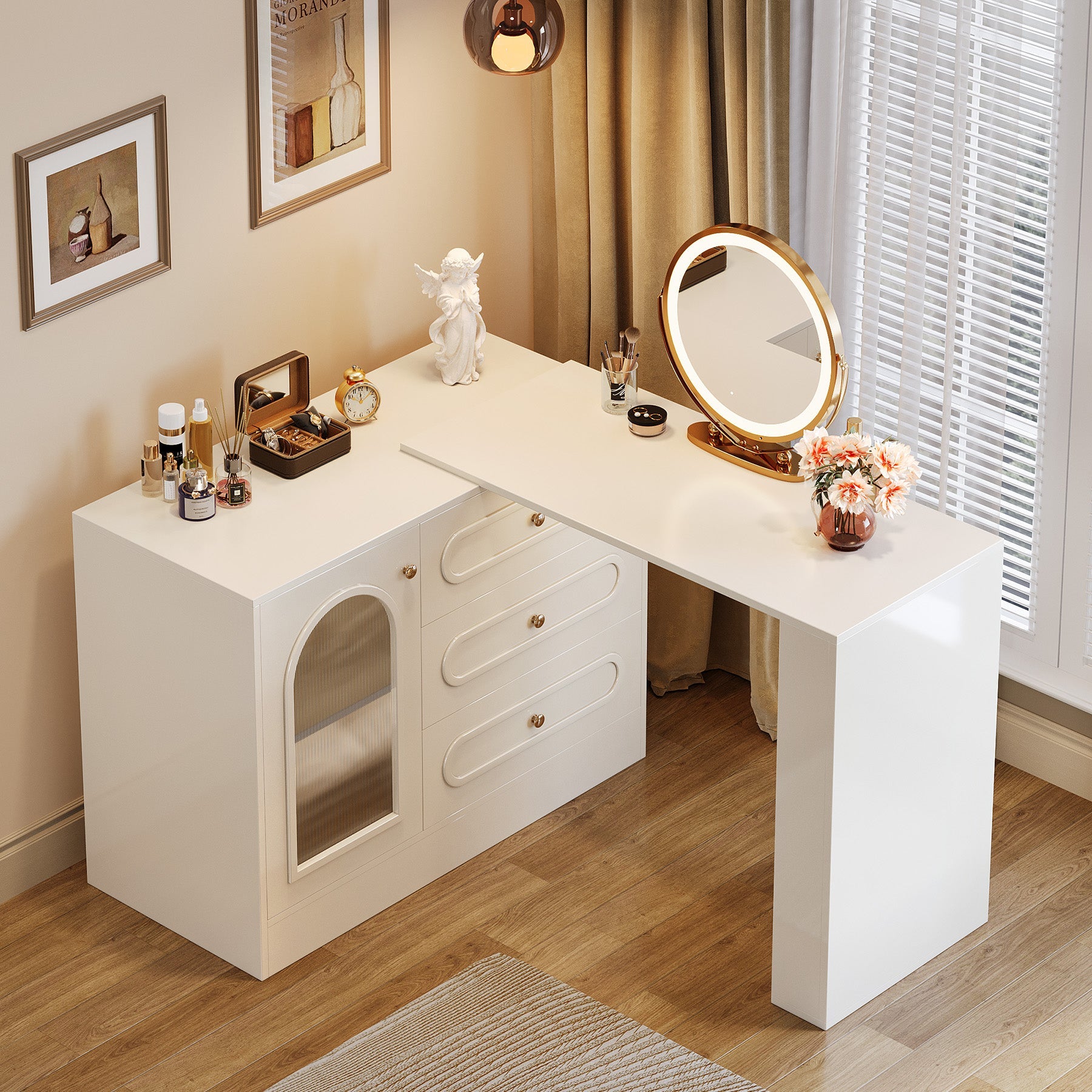 Makeup Desk, 360° Rotatable Vanity Desk with 3 Drawers(Without Mirror) Tribesigns