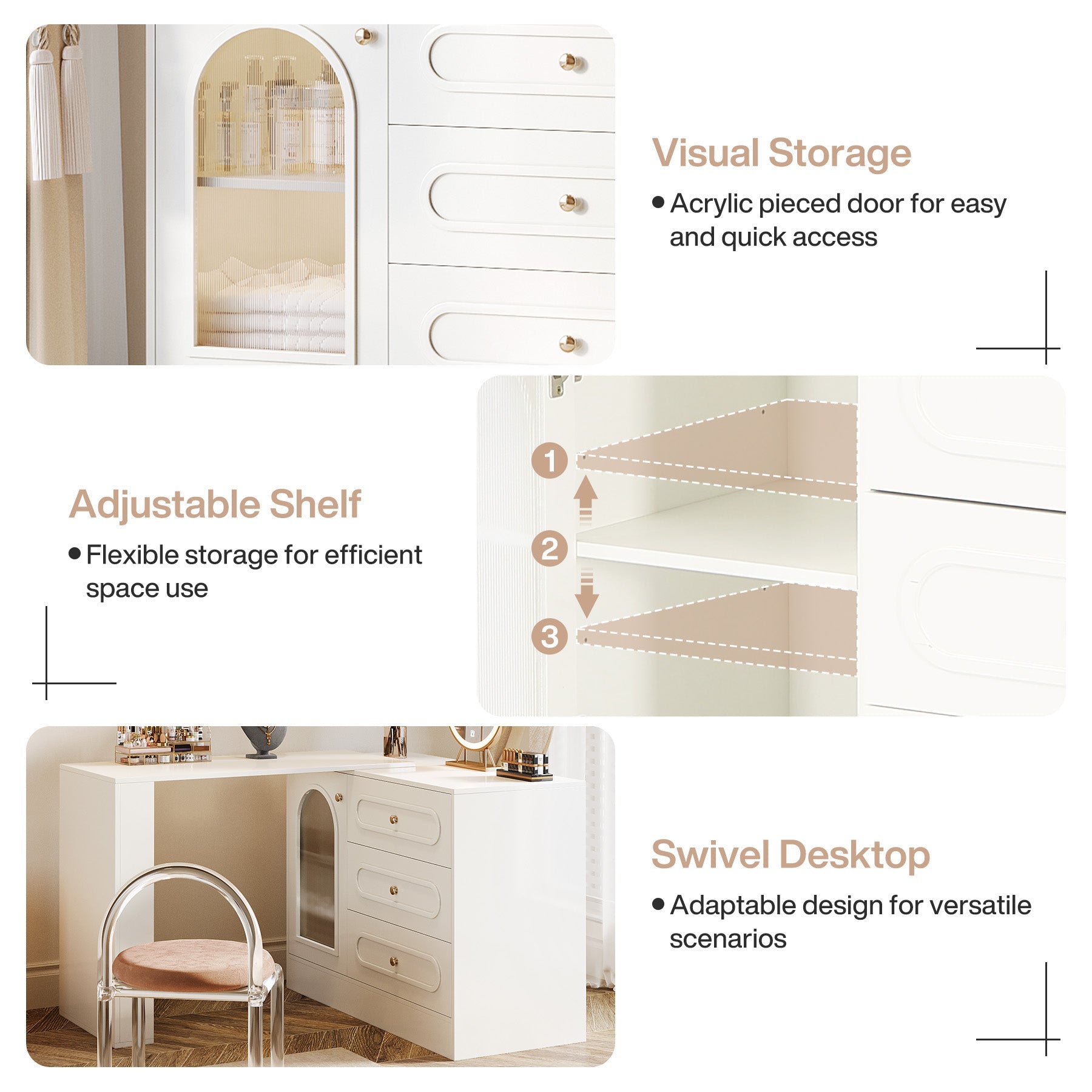 Makeup Desk, 360° Rotatable Vanity Desk with 3 Drawers(Without Mirror) Tribesigns