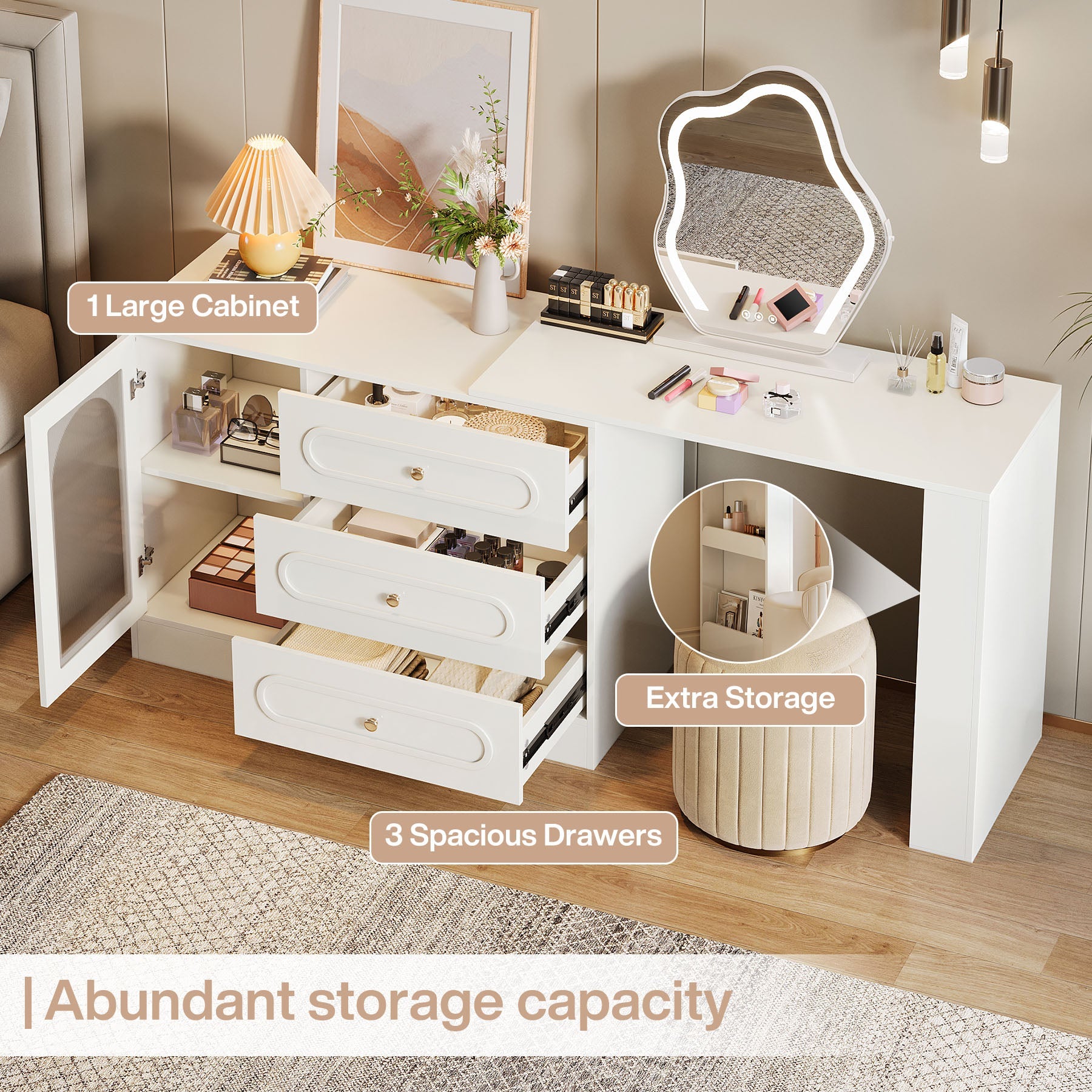 Makeup Desk, 360° Rotatable Vanity Desk with 3 Drawers(Without Mirror) Tribesigns