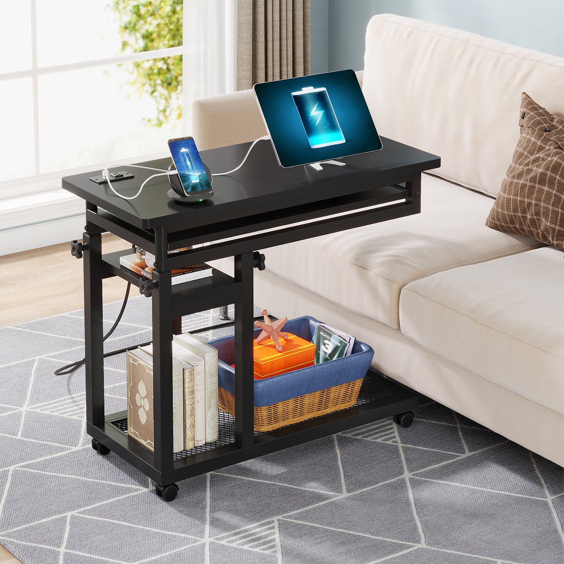Mobile C Table, Portable Desk Side Table with Power Outlet Tribesigns