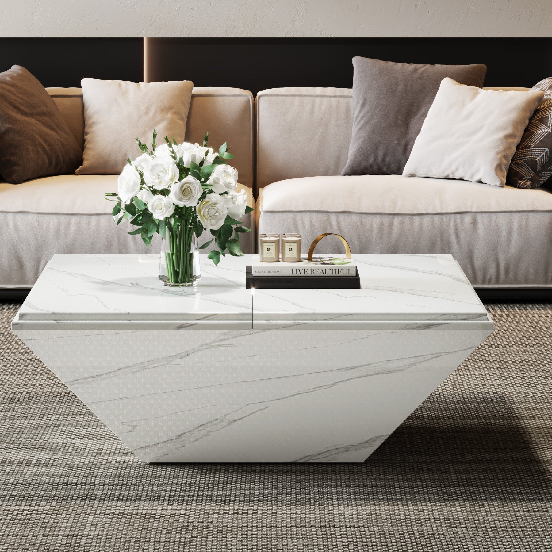 Modern Coffee Table, 35.43" Center Table with Faux Marble Top Tribesigns