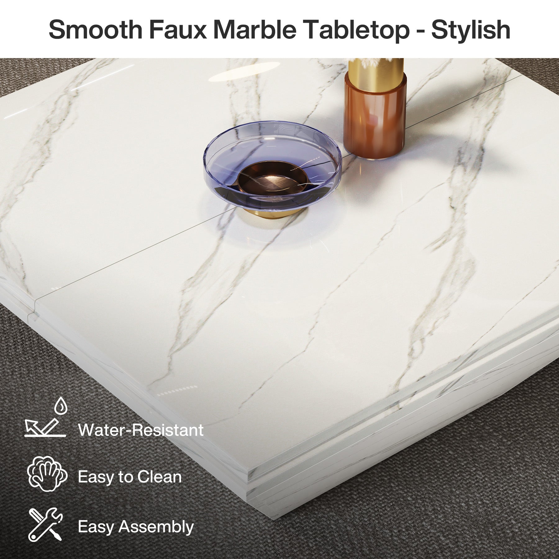 Modern Coffee Table, 35.43" Center Table with Faux Marble Top Tribesigns