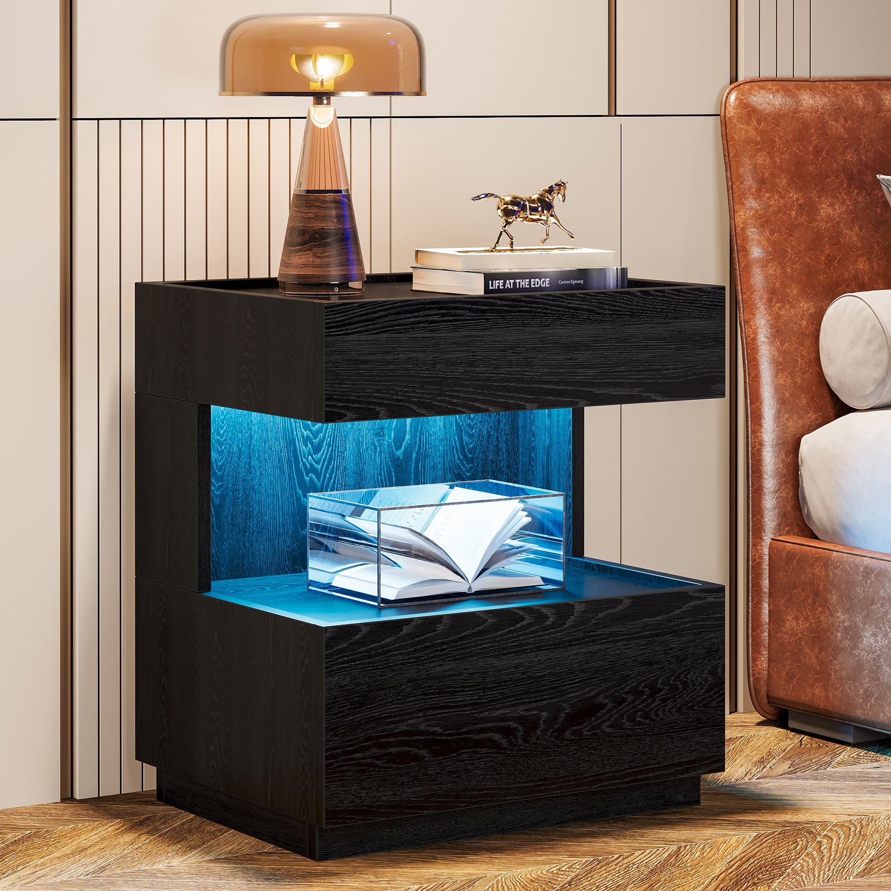 Modern Nightstand, LED Bedside End Table with Storage Tribesigns