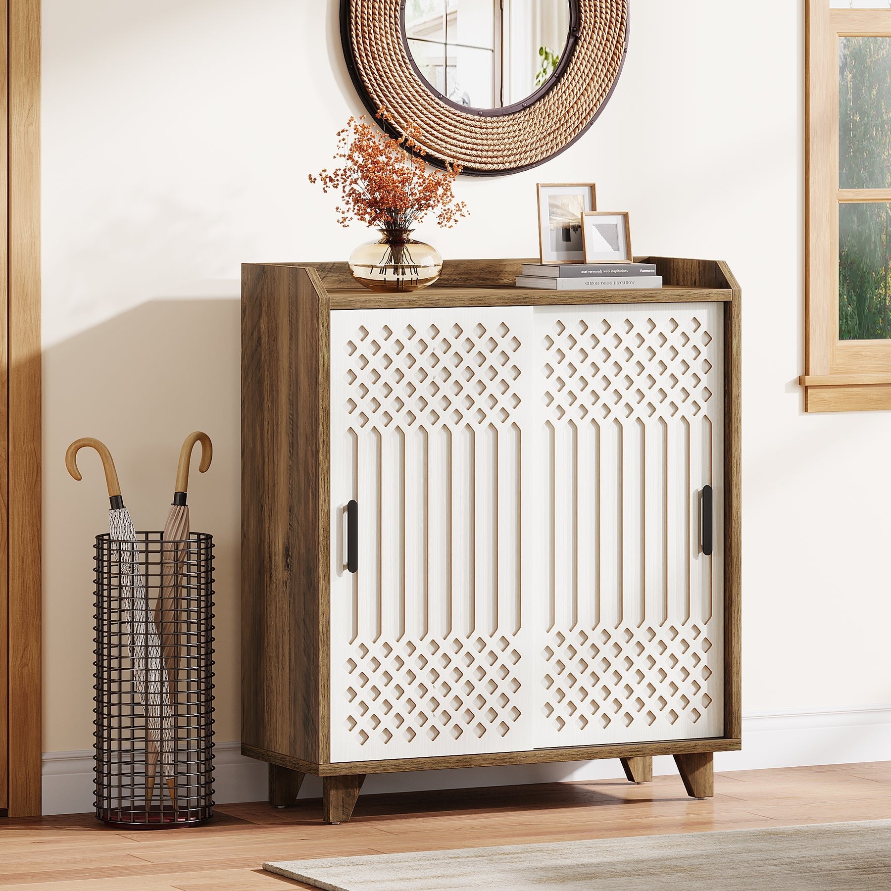 Modern Shoe Cabinet Shoe Organizer with Sliding Doors & Adjustable Shelves Tribesigns