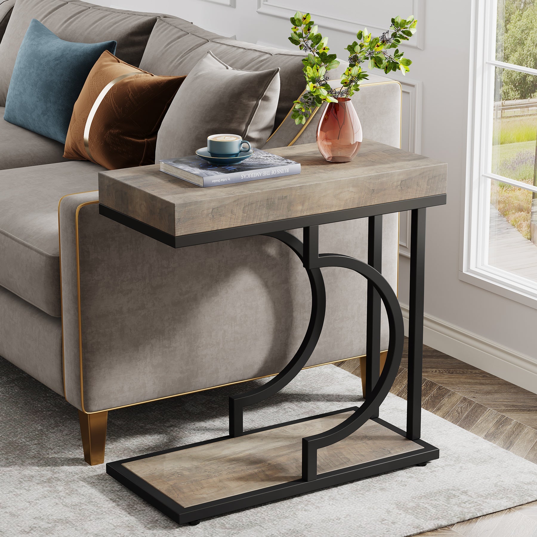 Narrow C Table, Modern End Table Bedside Table with Metal Frame Tribesigns