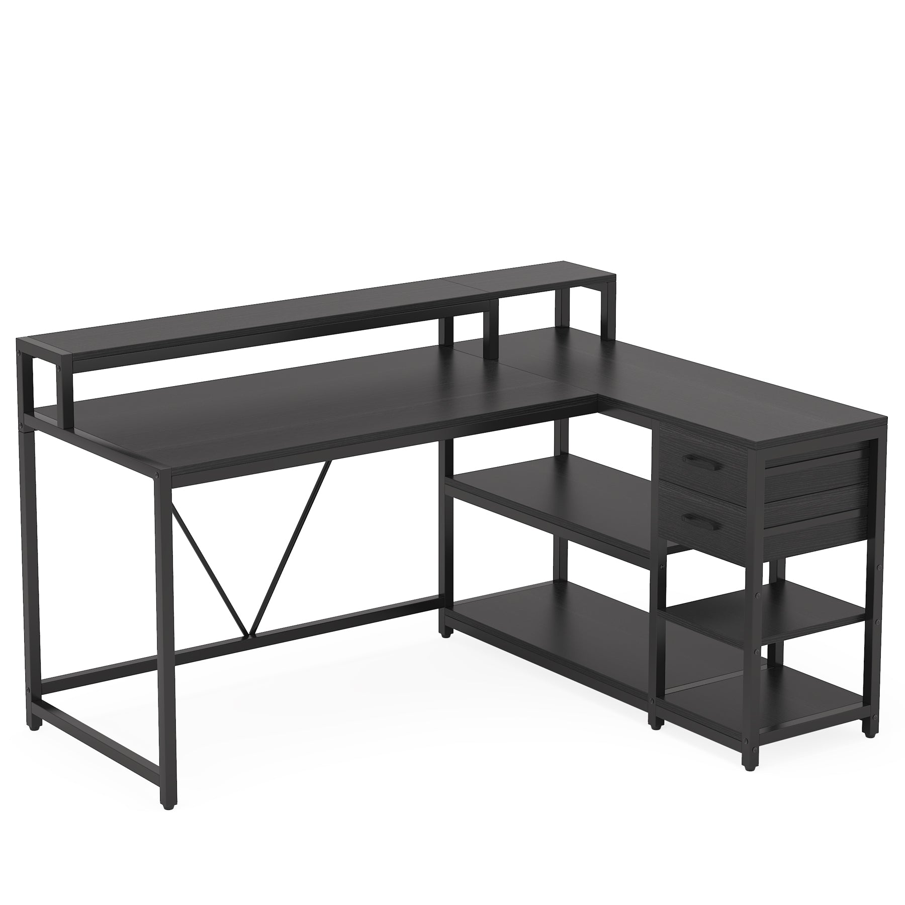 Reversible L - Shaped Desk, Industrial Corner Desk with Drawer & Shelves Tribesigns