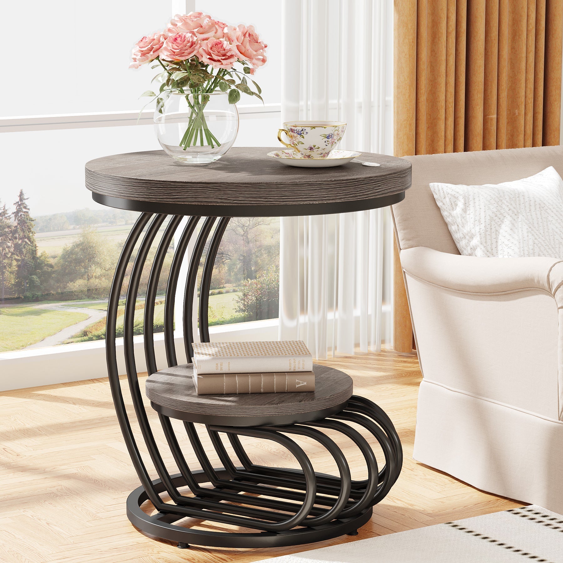 Round End Table, 2 Tiers Faux Marble Side Table with Storage Shelf Tribesigns