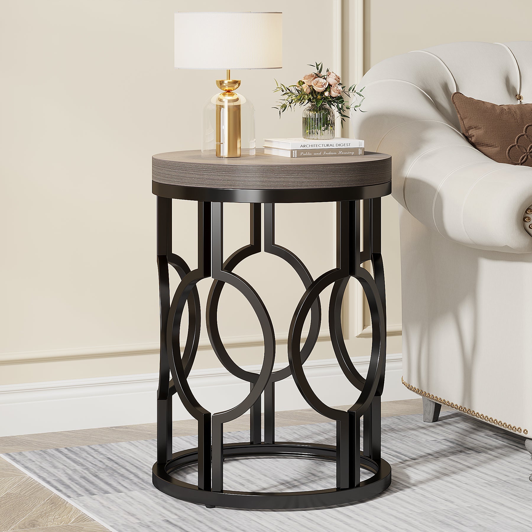 Round End Table, Industrial Side Table with Metal Hollow Frame Tribesigns