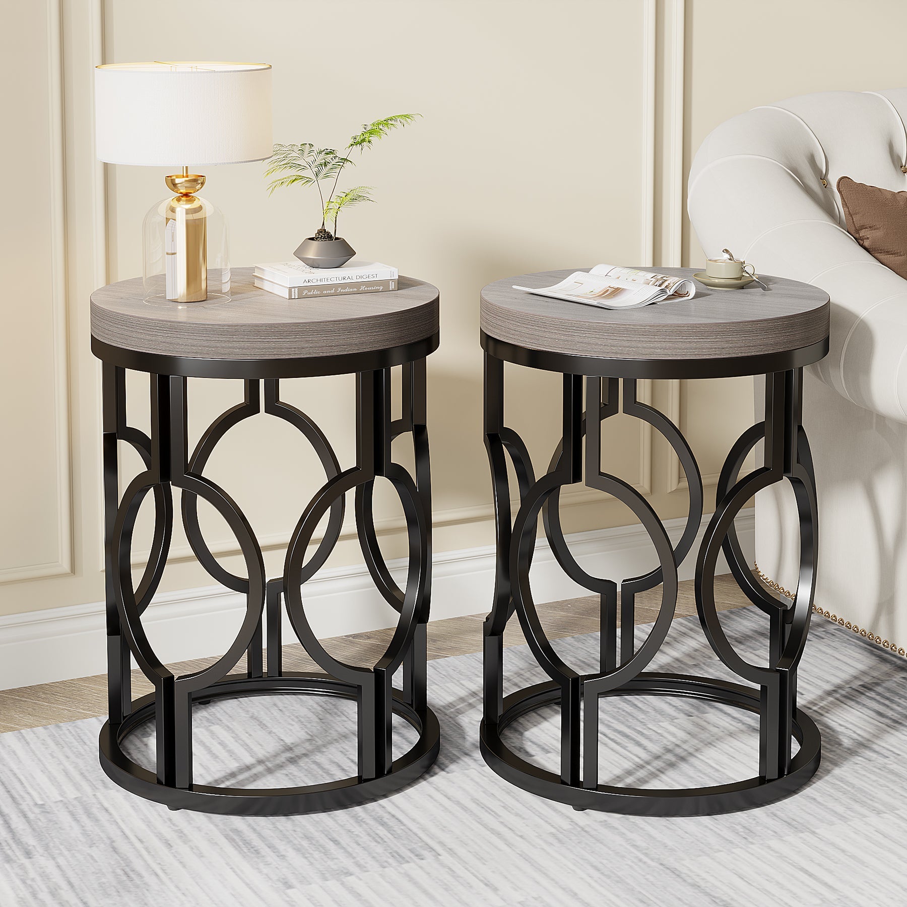 Round End Table, Industrial Side Table with Metal Hollow Frame Tribesigns