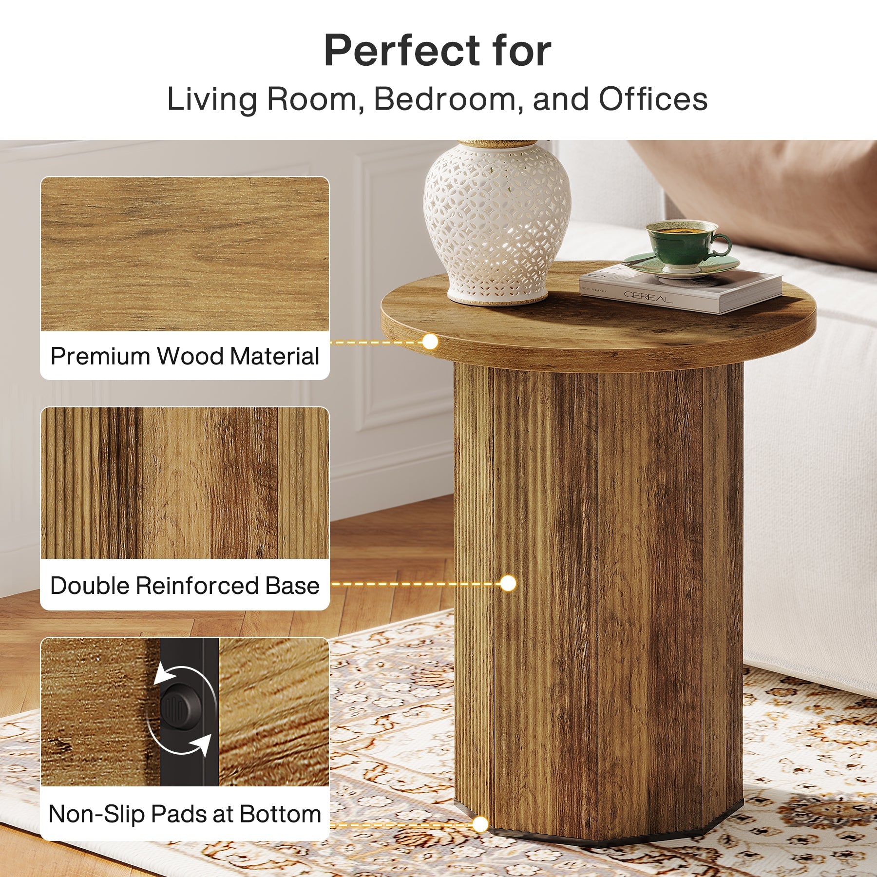 Round End Table, Narrow Side Table Nightstand with Stable Pedestal Tribesigns