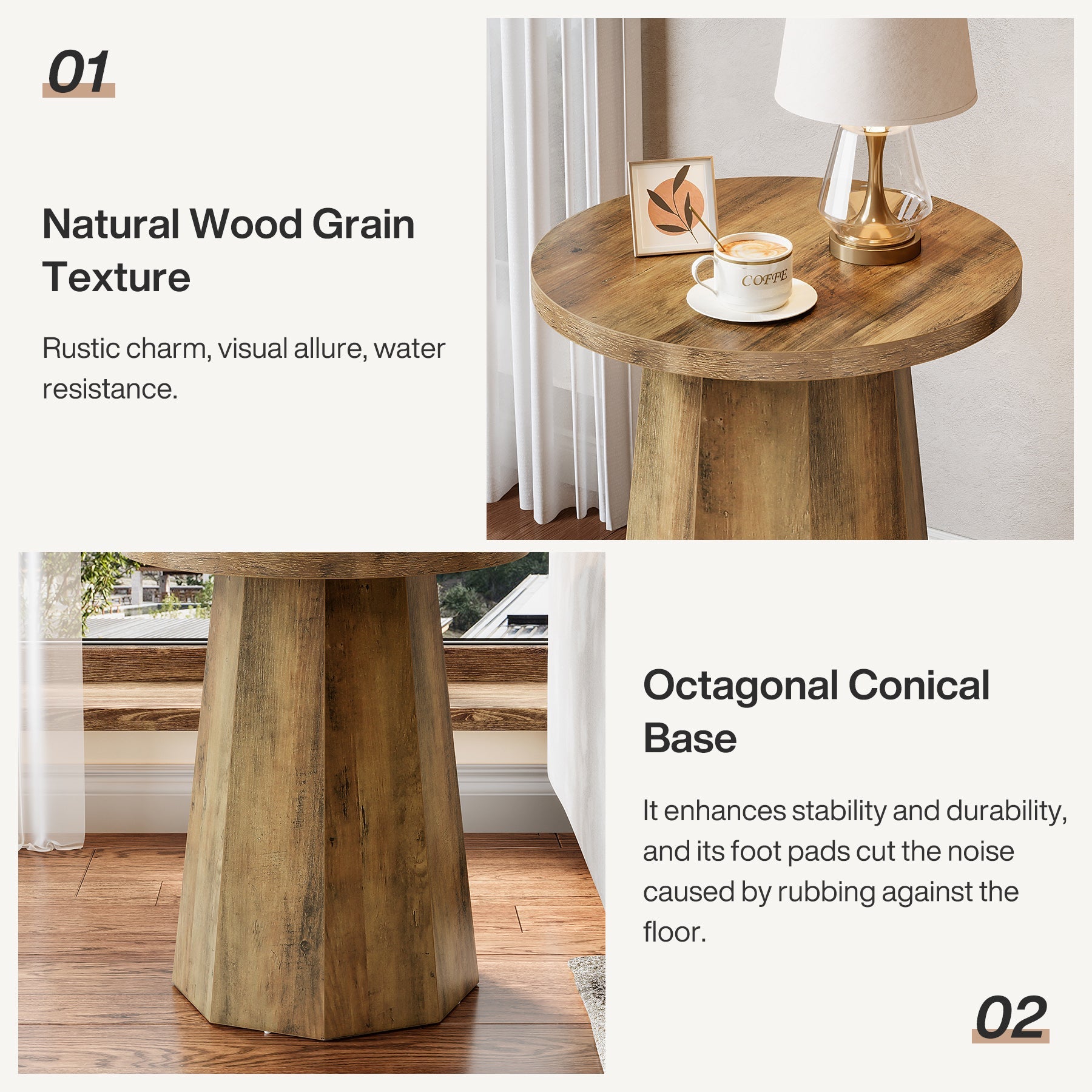 Round End Table, Wooden Couch Side Table with Octagonal Base Tribesigns