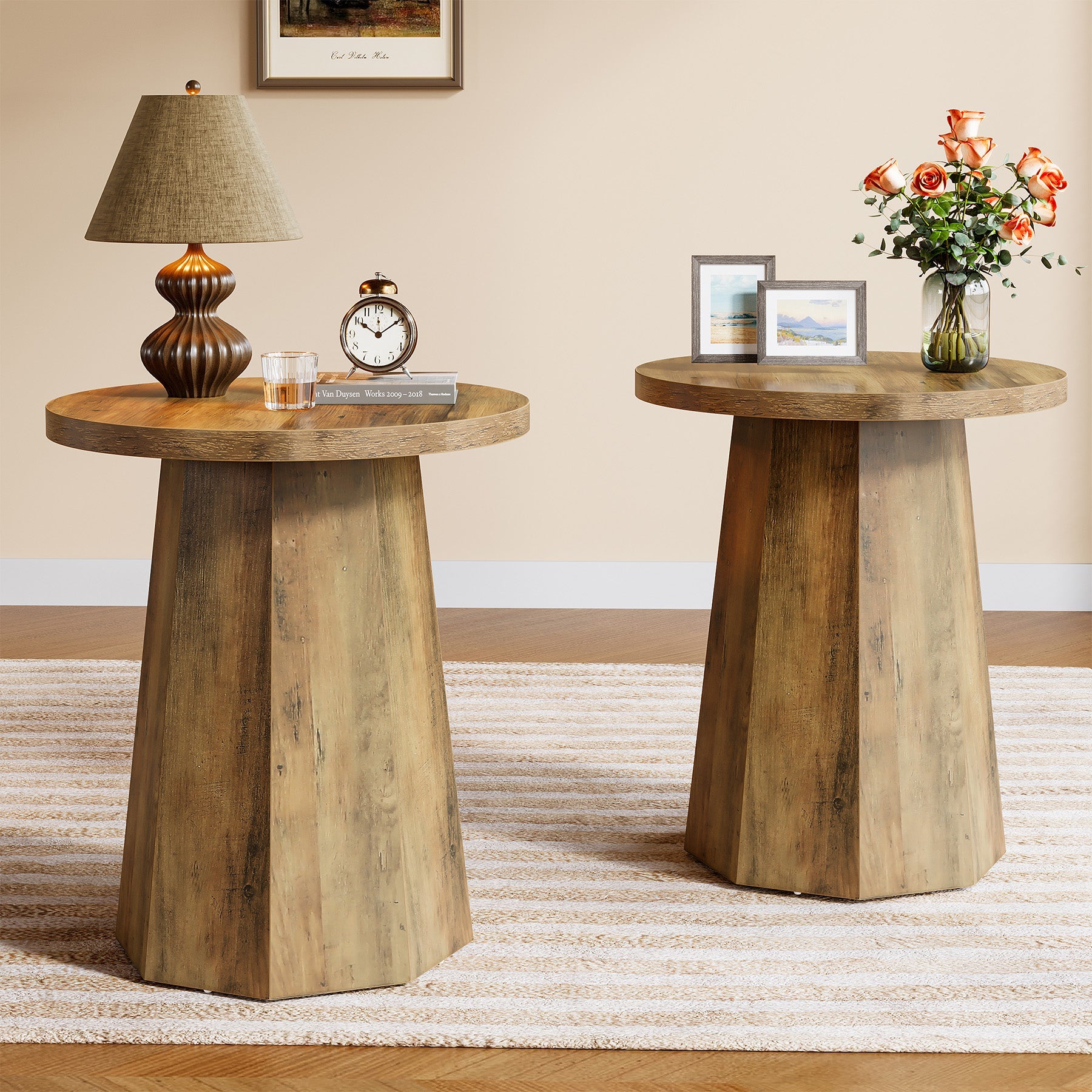 Round End Table, Wooden Couch Side Table with Octagonal Base Tribesigns