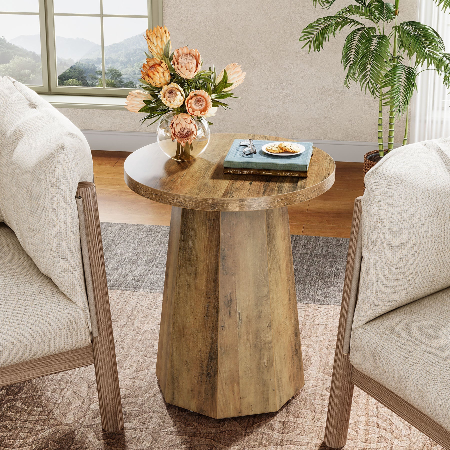 Round End Table, Wooden Couch Side Table with Octagonal Base Tribesigns