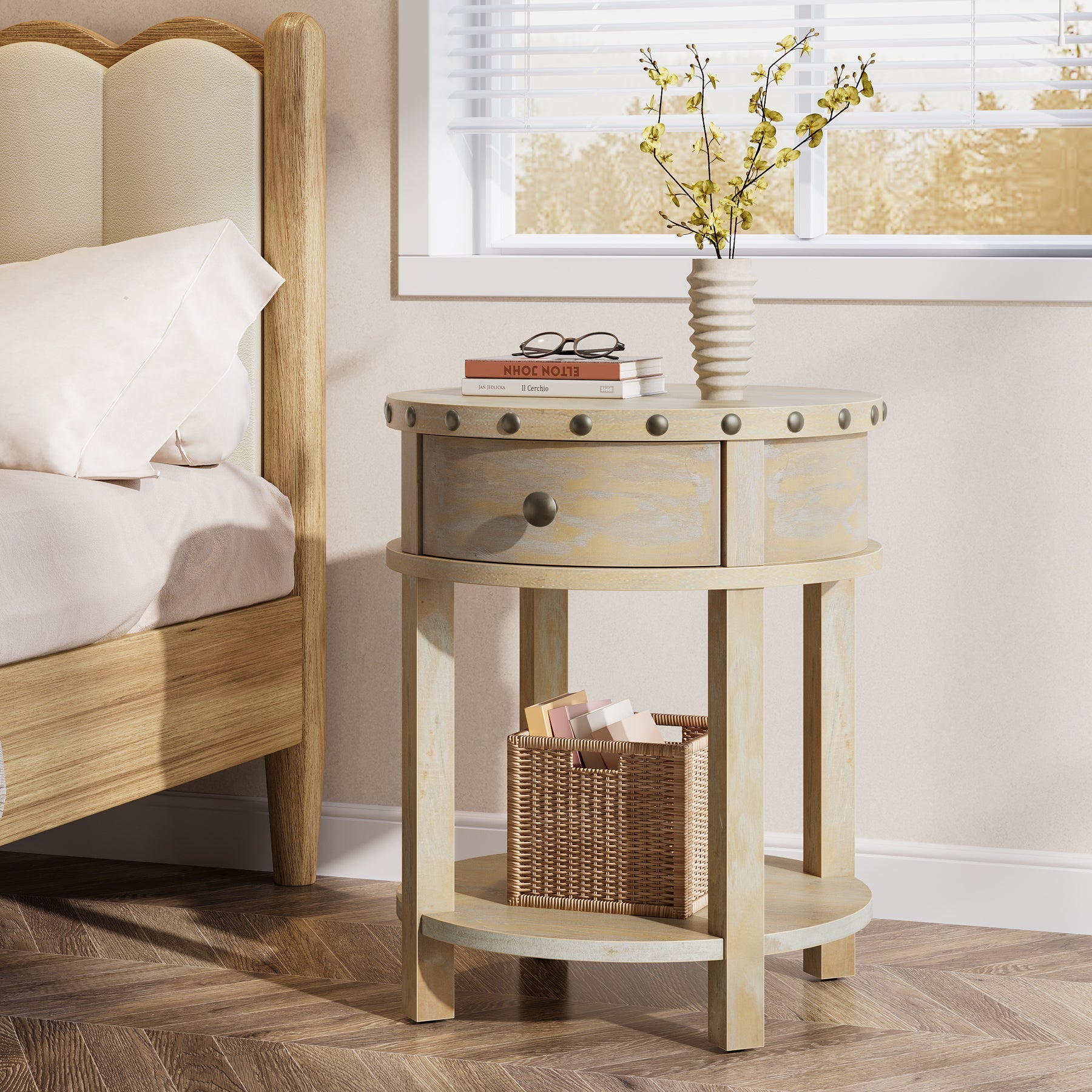 Round Nightstand, Farmhouse Wooden Bedside Table with Drawer Tribesigns