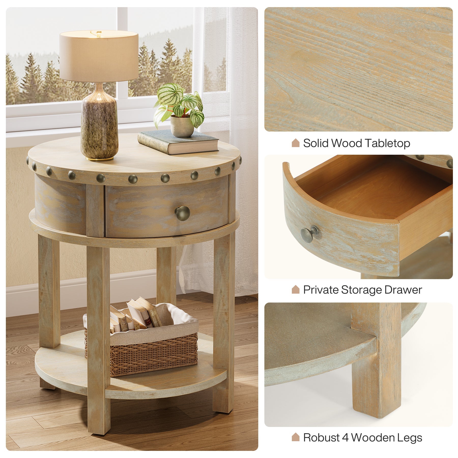 Round Nightstand, Farmhouse Wooden Bedside Table with Drawer Tribesigns