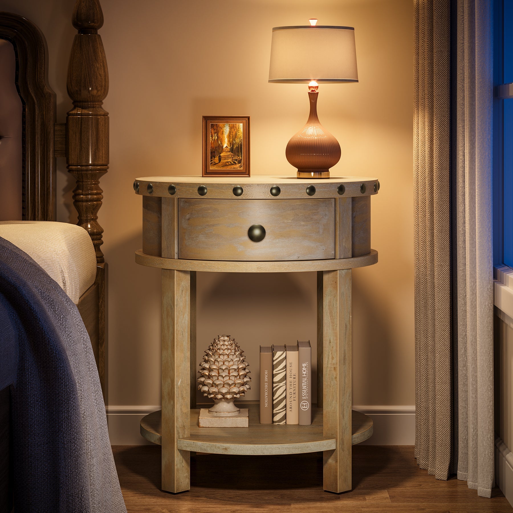 Round Nightstand, Farmhouse Wooden Bedside Table with Drawer Tribesigns