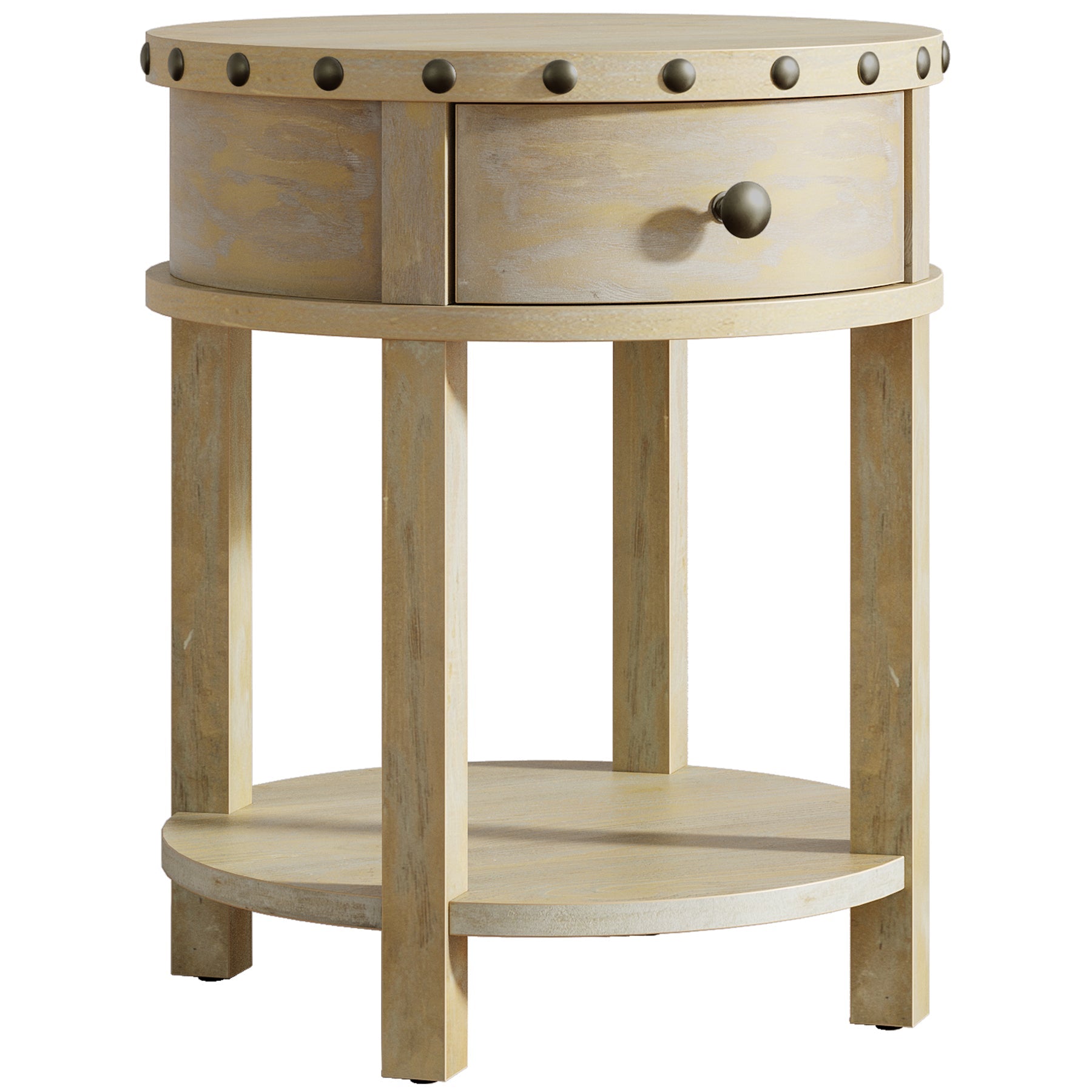 Round Nightstand, Farmhouse Wooden Bedside Table with Drawer Tribesigns